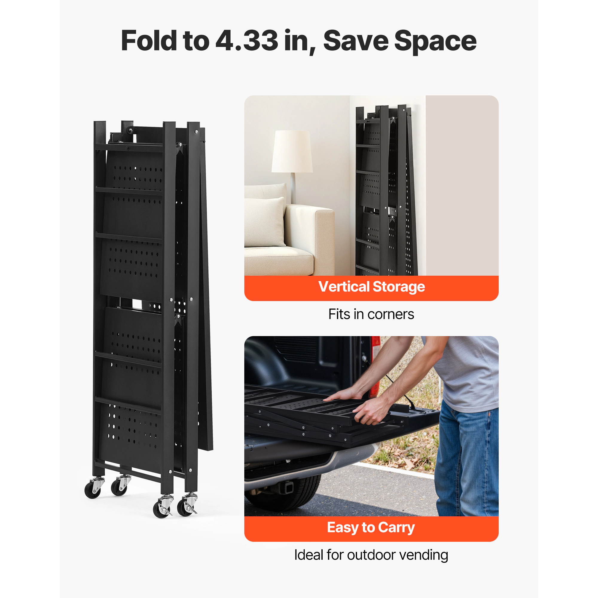 HONGGE Foldable Storage Shelf Folding Metal Rack Shelving Unit No Assembly Organizer Shelf with 5 Wheels & 4 Hooks for