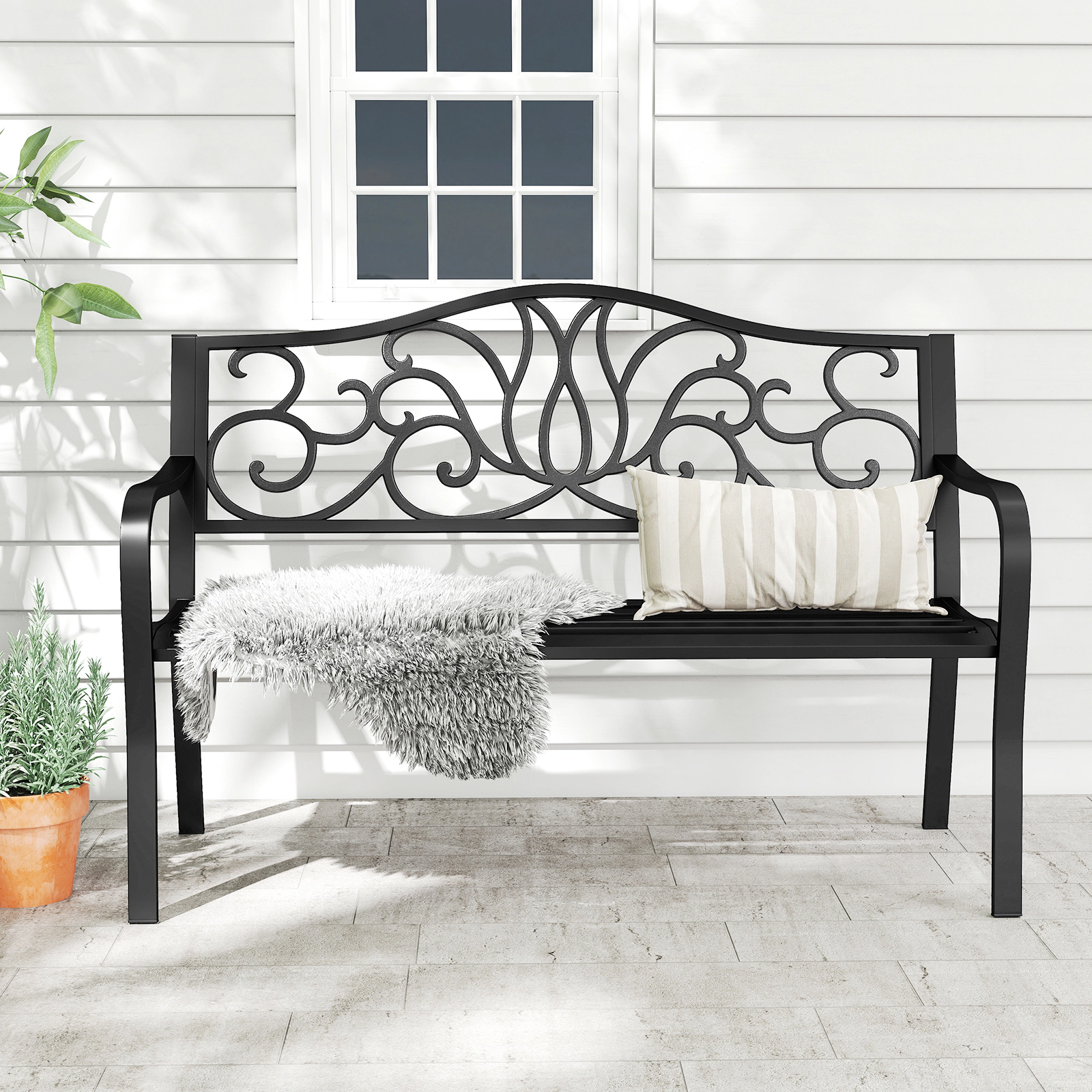 LJG 50 Inches Outdoor Garden Bench with Floral Design Backrest and Slatted Seat