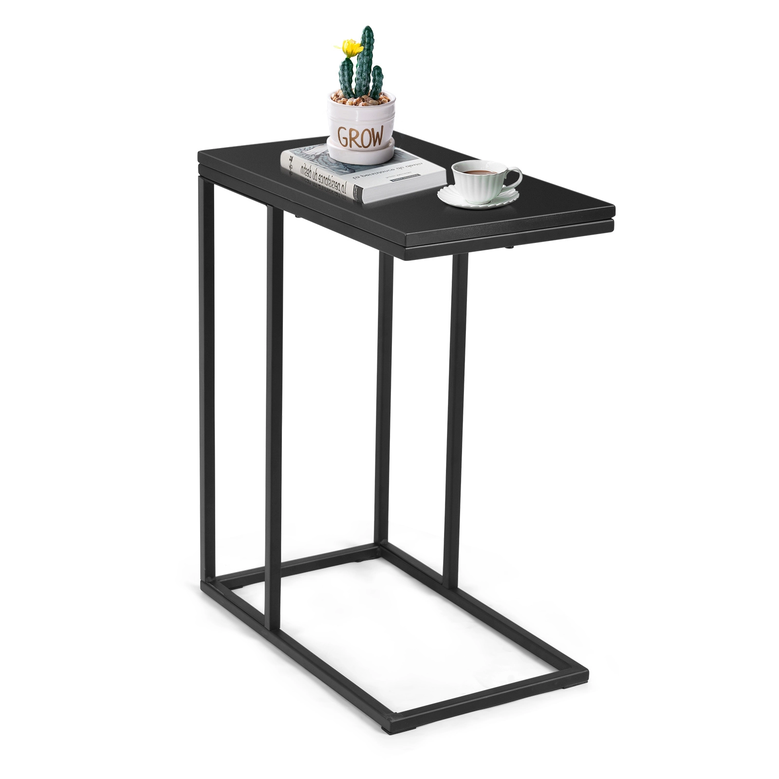 Glintex C-Shaped Sofa Side Table with Metal Legs and Slide-Under Base, Black