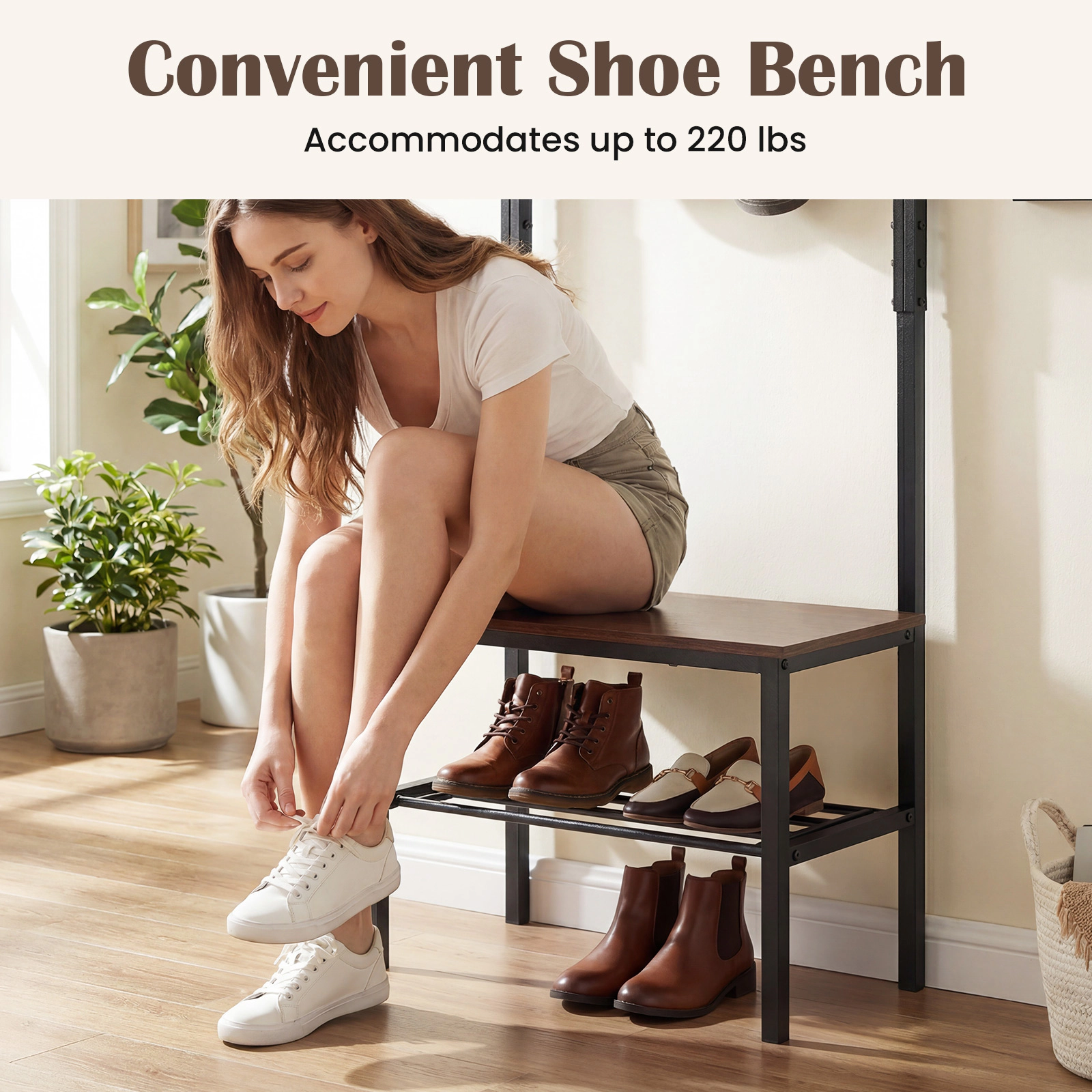 SUGIFT 3-in-1 Freestanding Hall Tree Entryway Bench with Hooks 65-in Tall 220-lb Bench Capacity Rustic Brown + Black