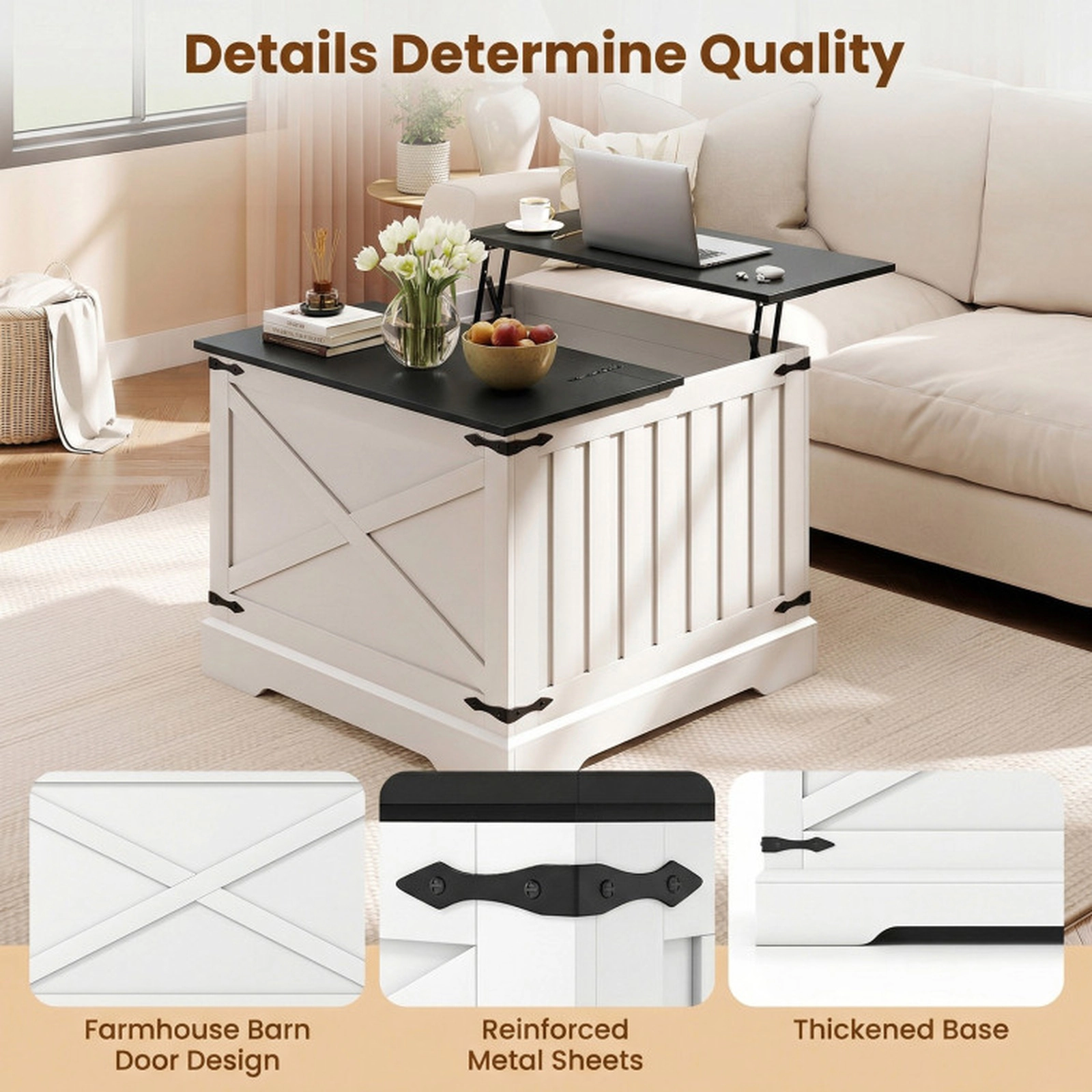 SUGIFT 31.5-in Square Black Farmhouse Hydraulic Lift Top Coffee Table with Flip-Top Hidden Compartment