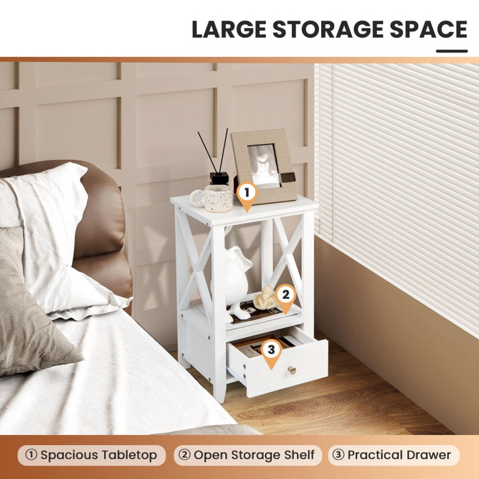 SUGIFT 2-Tier MDF Nightstand with Storage Drawer and Open Shelf 66-lb Tabletop Capacity White