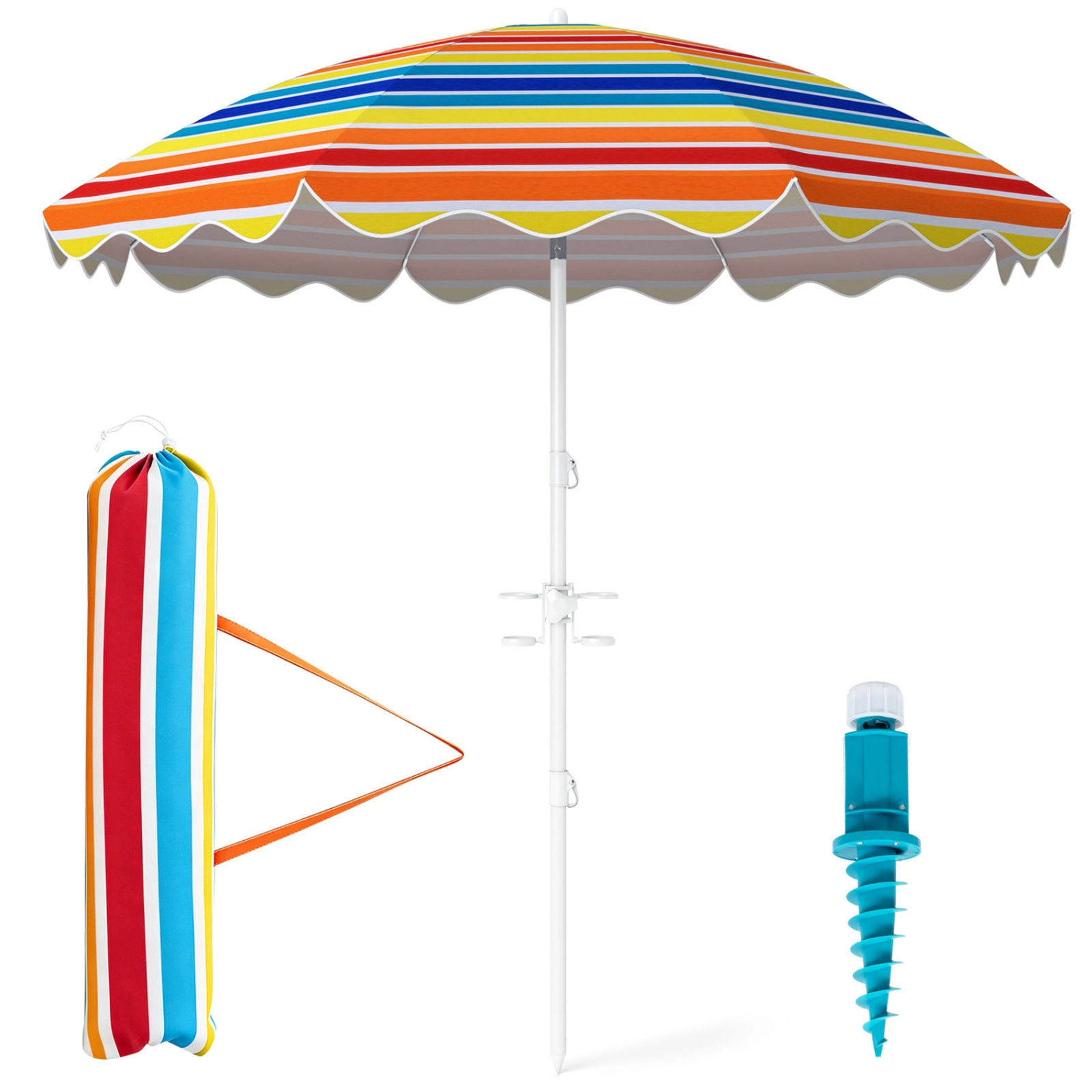SUGIFT 6.5-ft Rainbow UPF 50+ Beach Umbrella with Sand Anchor Tilt Pole 2 Cup Holders and Carry Bag