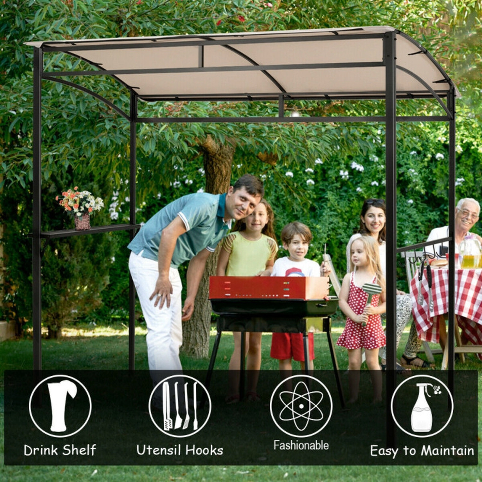 SUGIFT Grill Gazebo Outdoor Patio Garden BBQ Canopy Shelter 83-in Tall with Metal Shelf and Hooks Beige Brown