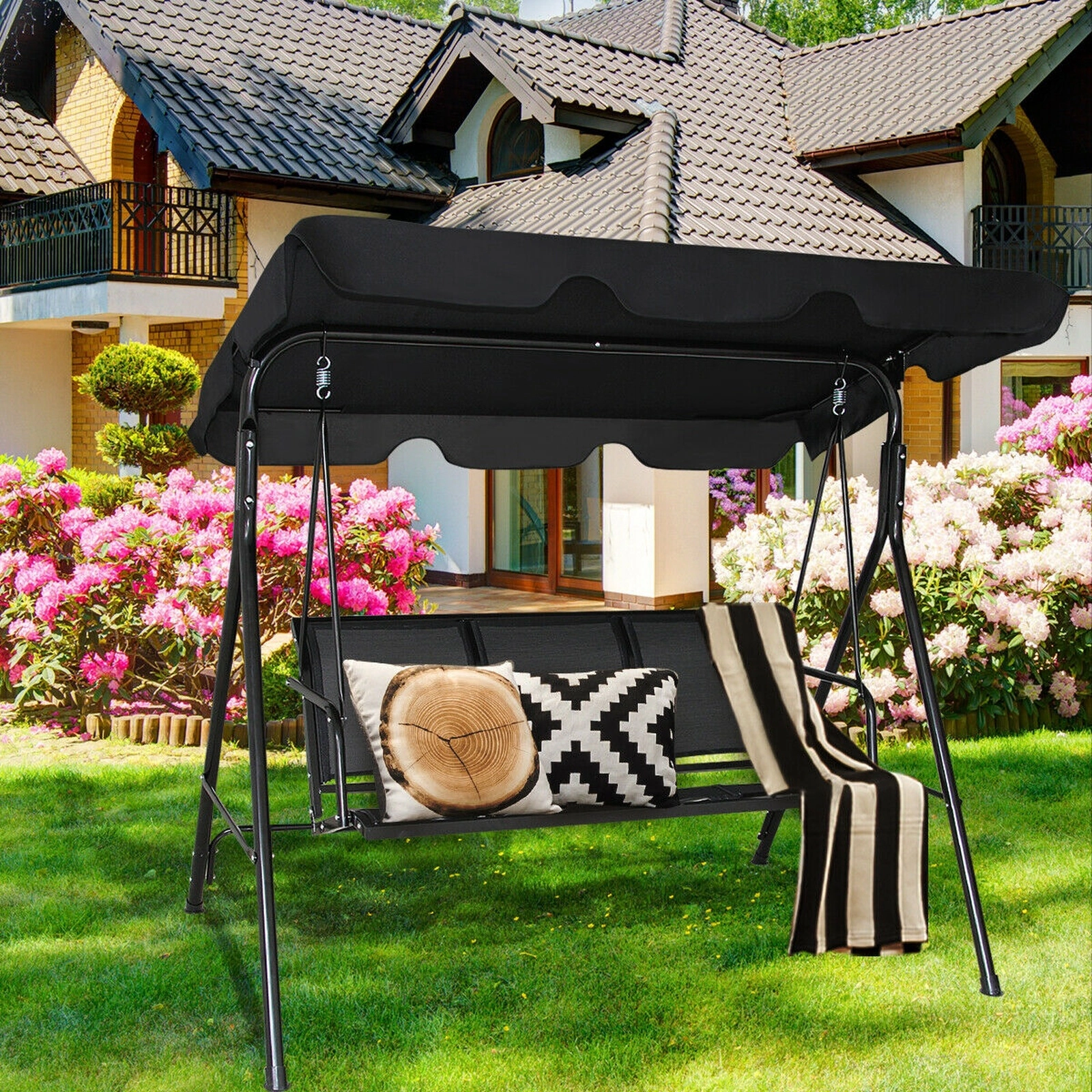 SUGIFT 67-in Wide 3 Person Patio Swing Chair with Polyester Angle Adjustable Canopy 550-lb Capacity Black/Brown/Blue
