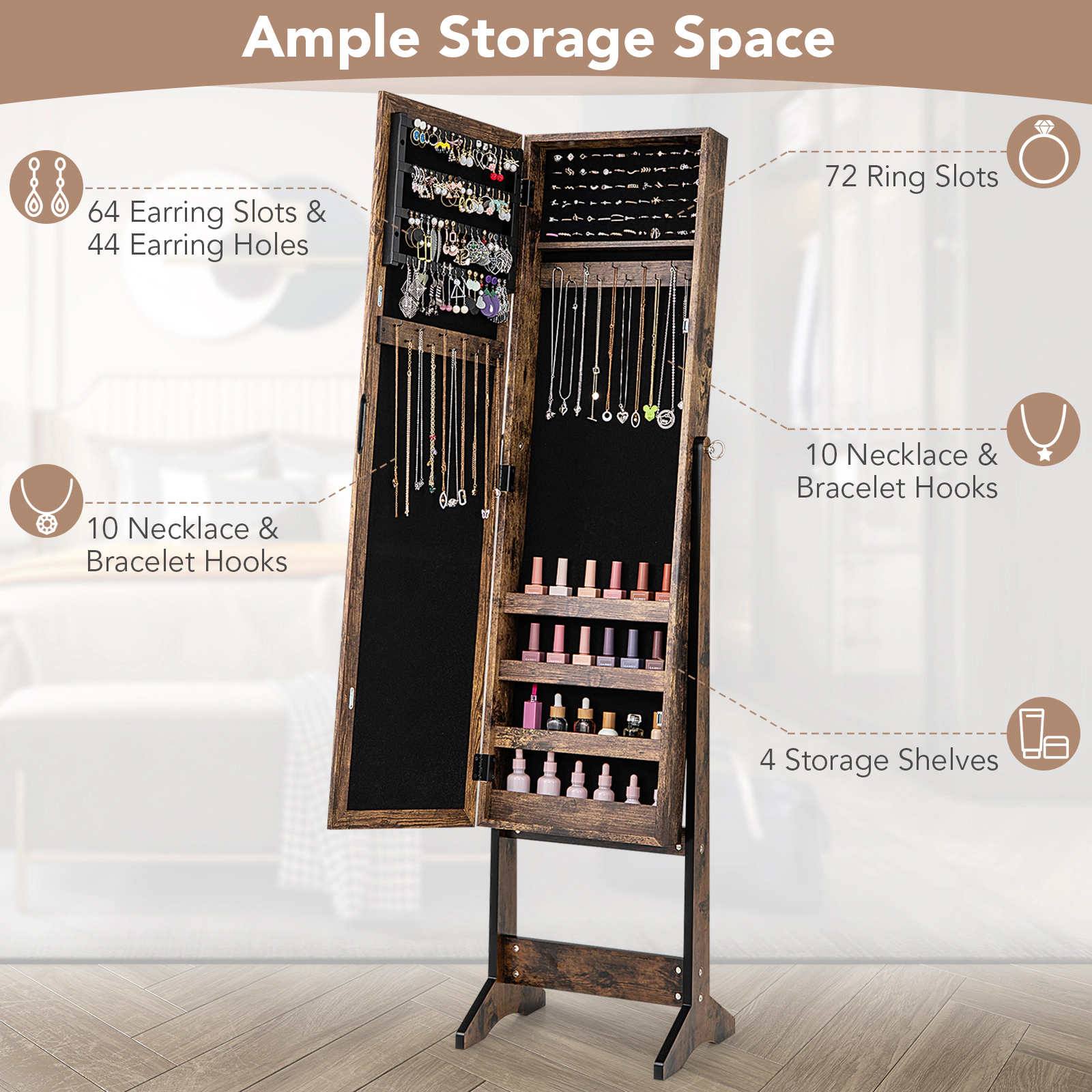 Hivvago Mirrored Jewelry Organizer Cabinet