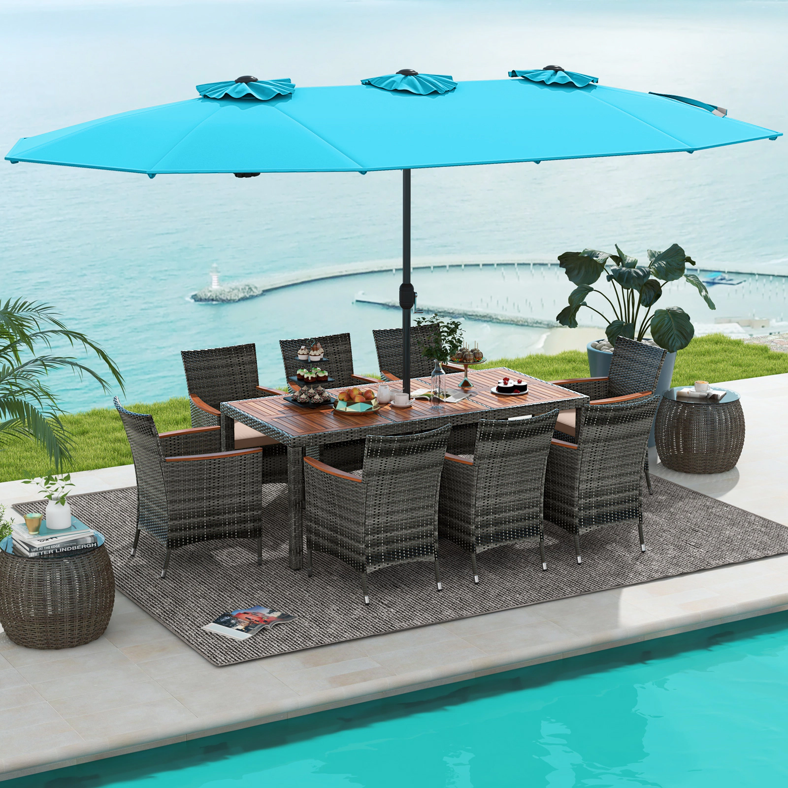SUGIFT 10-Piece Turquoise Outdoor Wicker Dining Set, 75-In Acacia Table, 15-Ft Double-Sided Umbrella