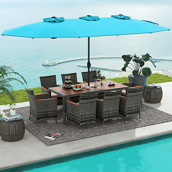 SUGIFT 10-Piece Turquoise Outdoor Wicker Dining Set, 75-In Acacia Table, 15-Ft Double-Sided Umbrella