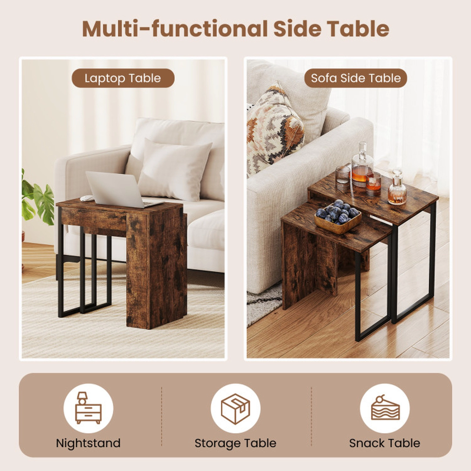 SUGIFT Set of 2 Nesting 2-in-1 Metal Frame Wood Coffee Tables 20-in x 12-in x 21-in 44-lb Capacity Rustic Brown