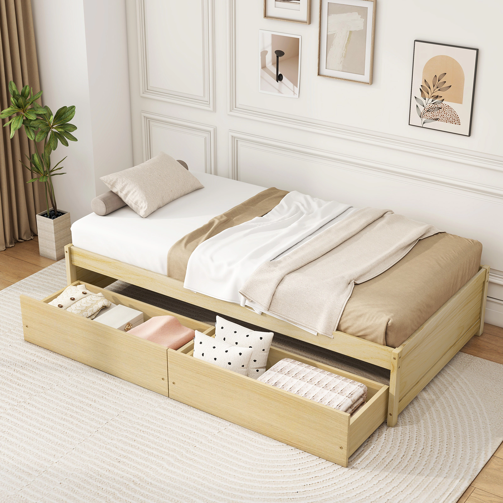 LJG Twin Size Captain Bed with 2 Drawers and Slats