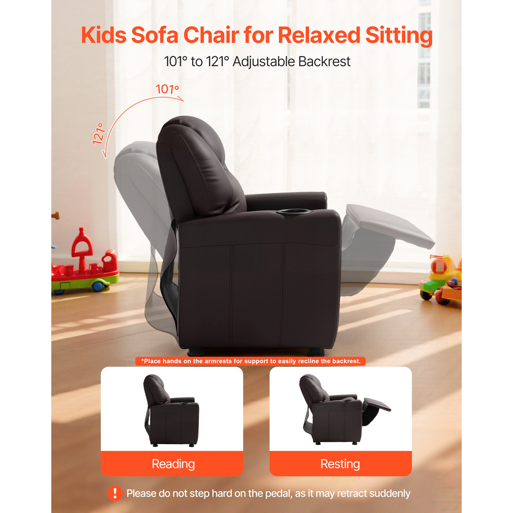 HONGGE Kids Reclining Chair Toddler Recliner with Cup Holder 101° to 121° Adjustable Backrest Easy-to-Clean PU Leather