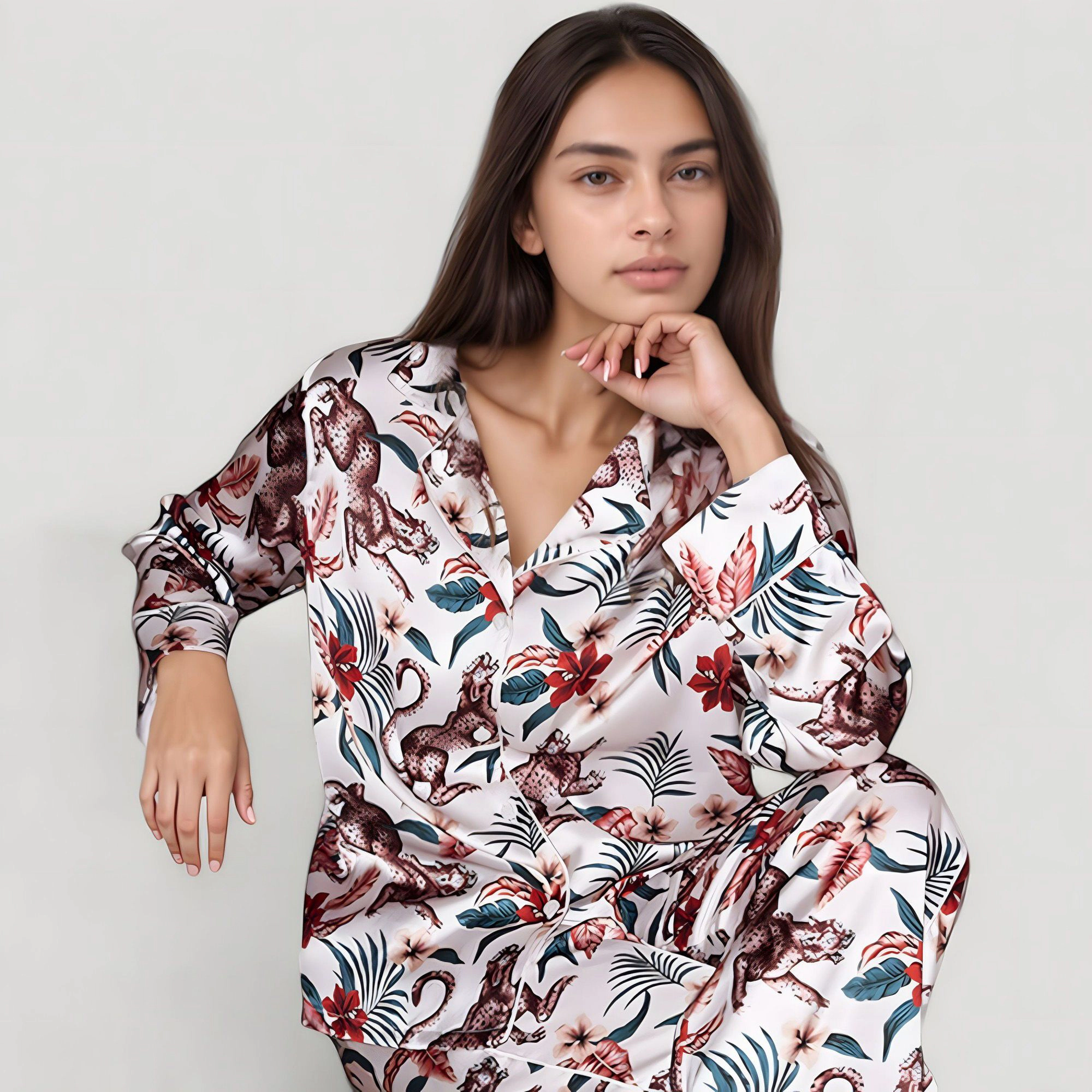 Anna-Kaci Women's Jungle Animal and Floral Pajama Set Long Sleeve Notch Collar Button Down Top Relaxed Woven Pants