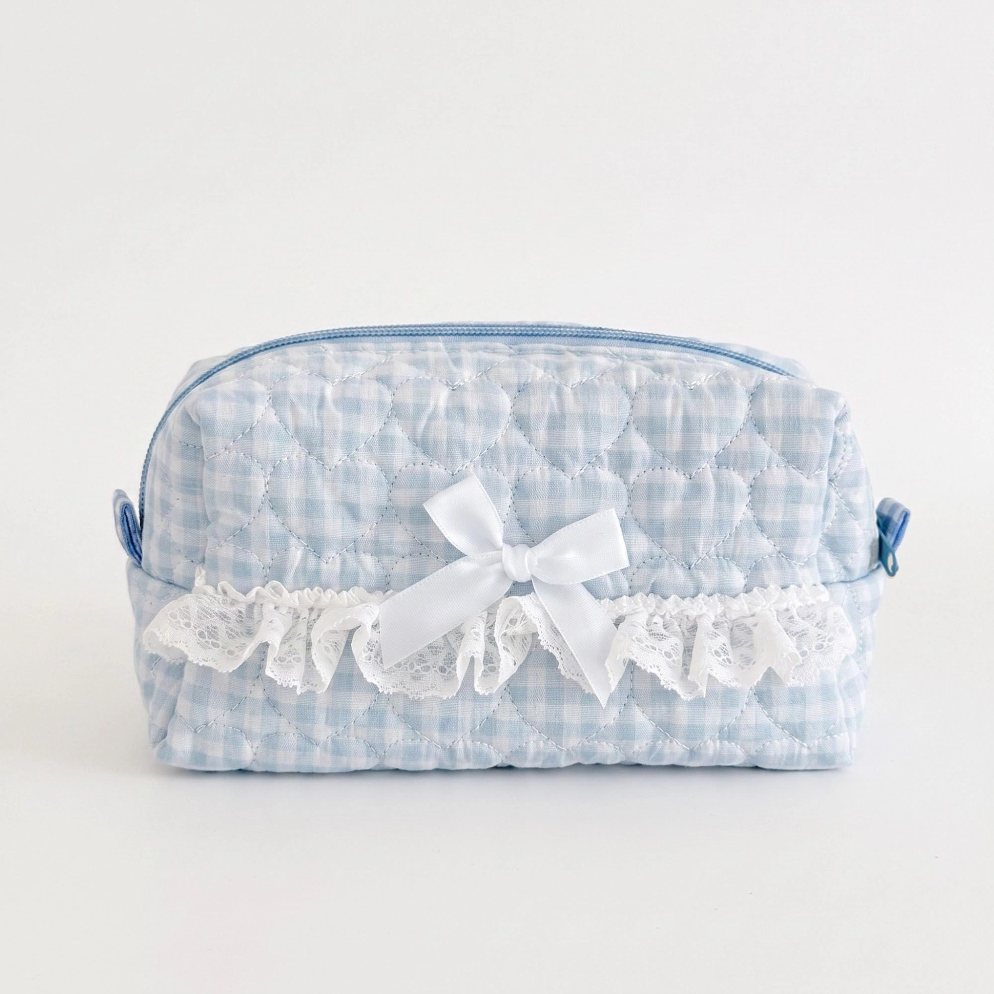 Alilang Unisex Gingham Quilted Cosmetic Bag with Lace Bow Detail