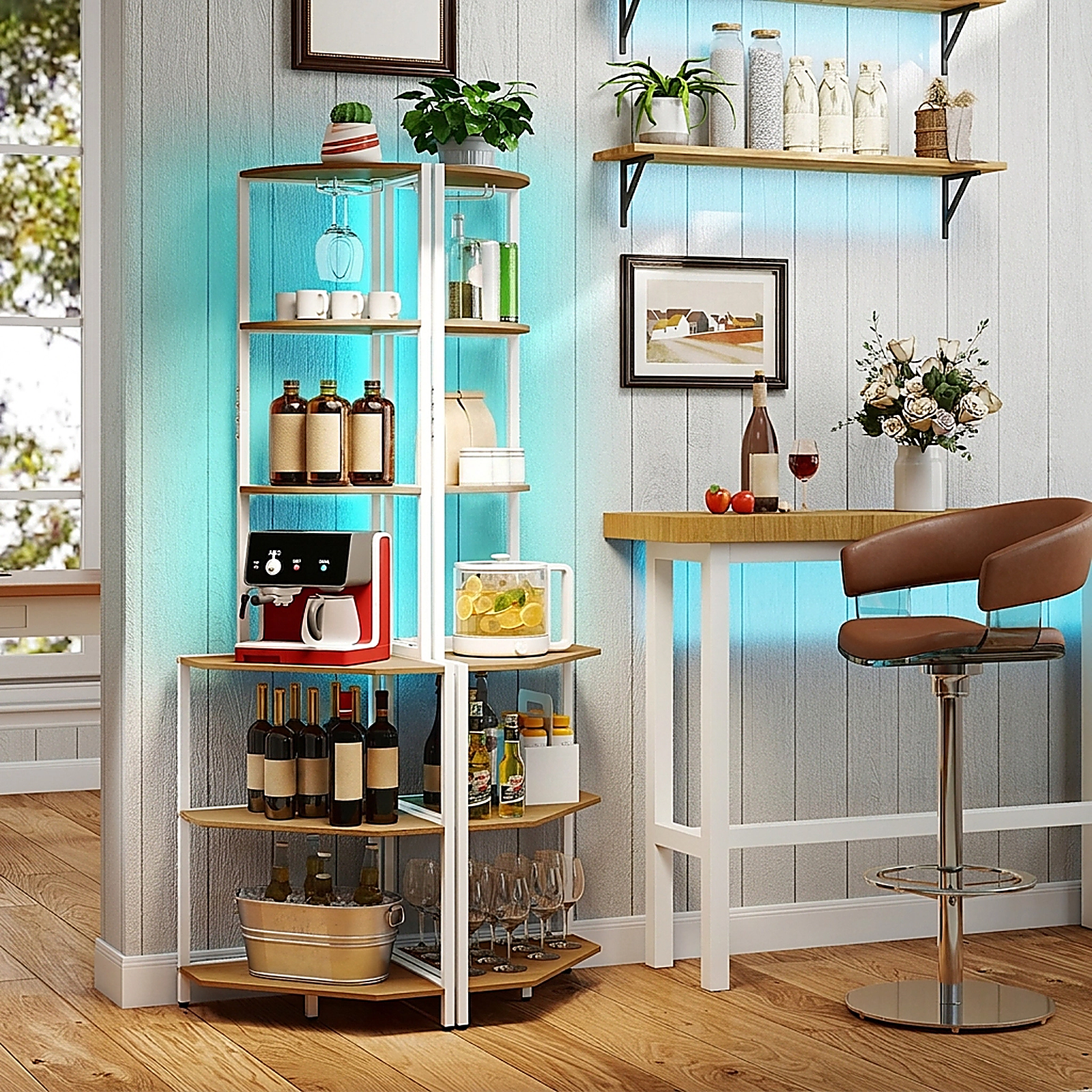 SUGIFT 6-Tier Natural 65-in Tall Corner Bookshelf with Charging Station LED Light and Stemware Rack