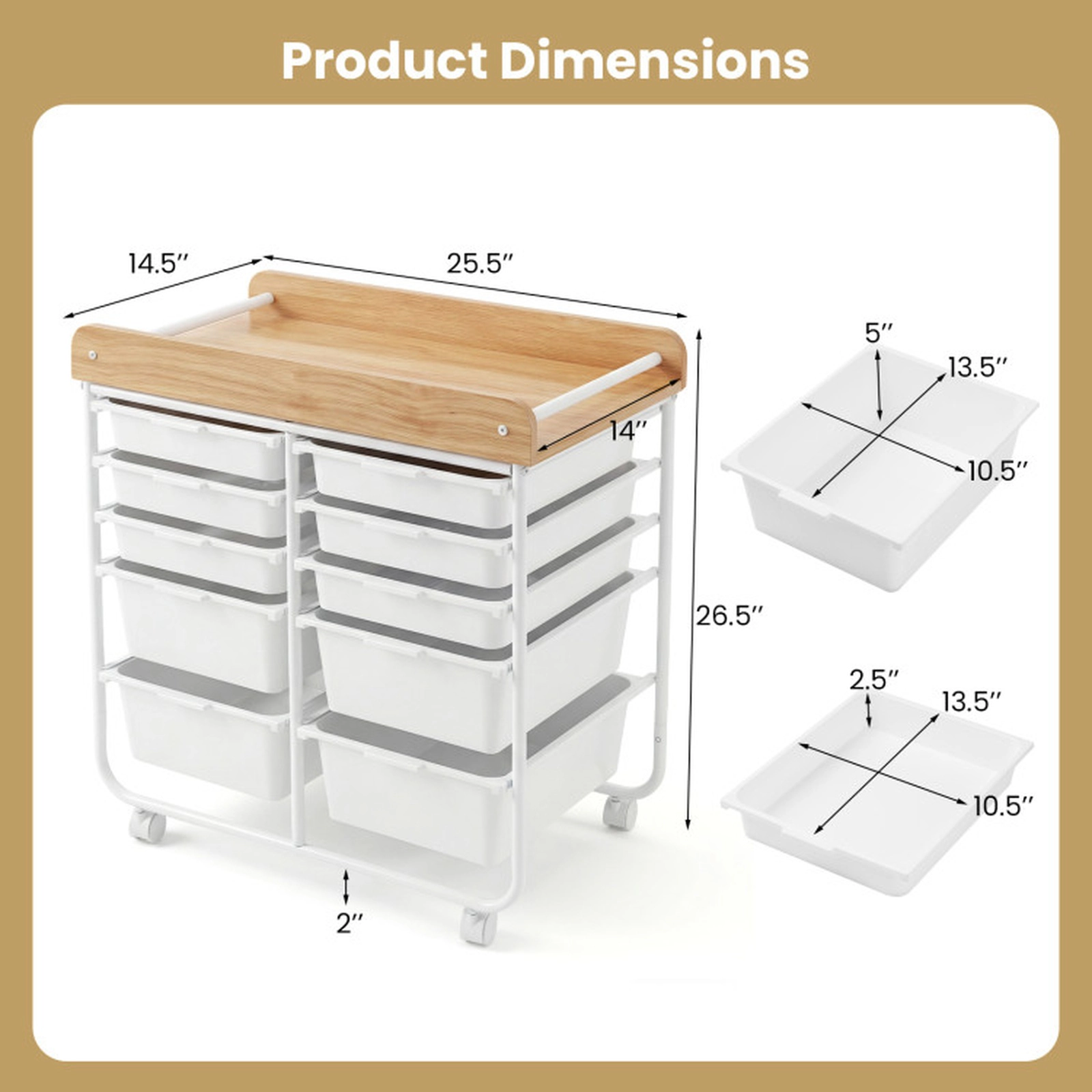 SUGIFT 10-Drawer Rolling Storage Cart with MDF Tabletop 75-lb Capacity 25.5-in Wide Natural and White