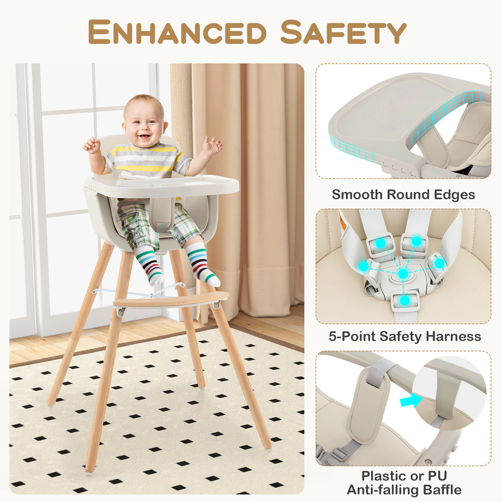SUGIFT 3-in-1 Convertible Wooden High Chair with Cushion 35-lb Capacity Ages 6 Months-3 Years Beige