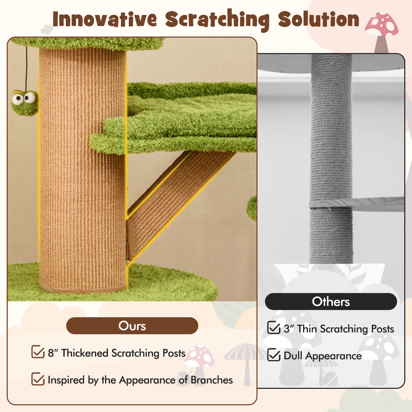 SUGIFT Mushroom Cat Tree with 2 Condos Plush Perch Thick Scratching Posts 33-lb Capacity 24 x 58 in Green Brown Natural