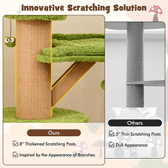SUGIFT Mushroom Cat Tree with 2 Condos Plush Perch Thick Scratching Posts 33-lb Capacity 24 x 58 in Green Brown Natural