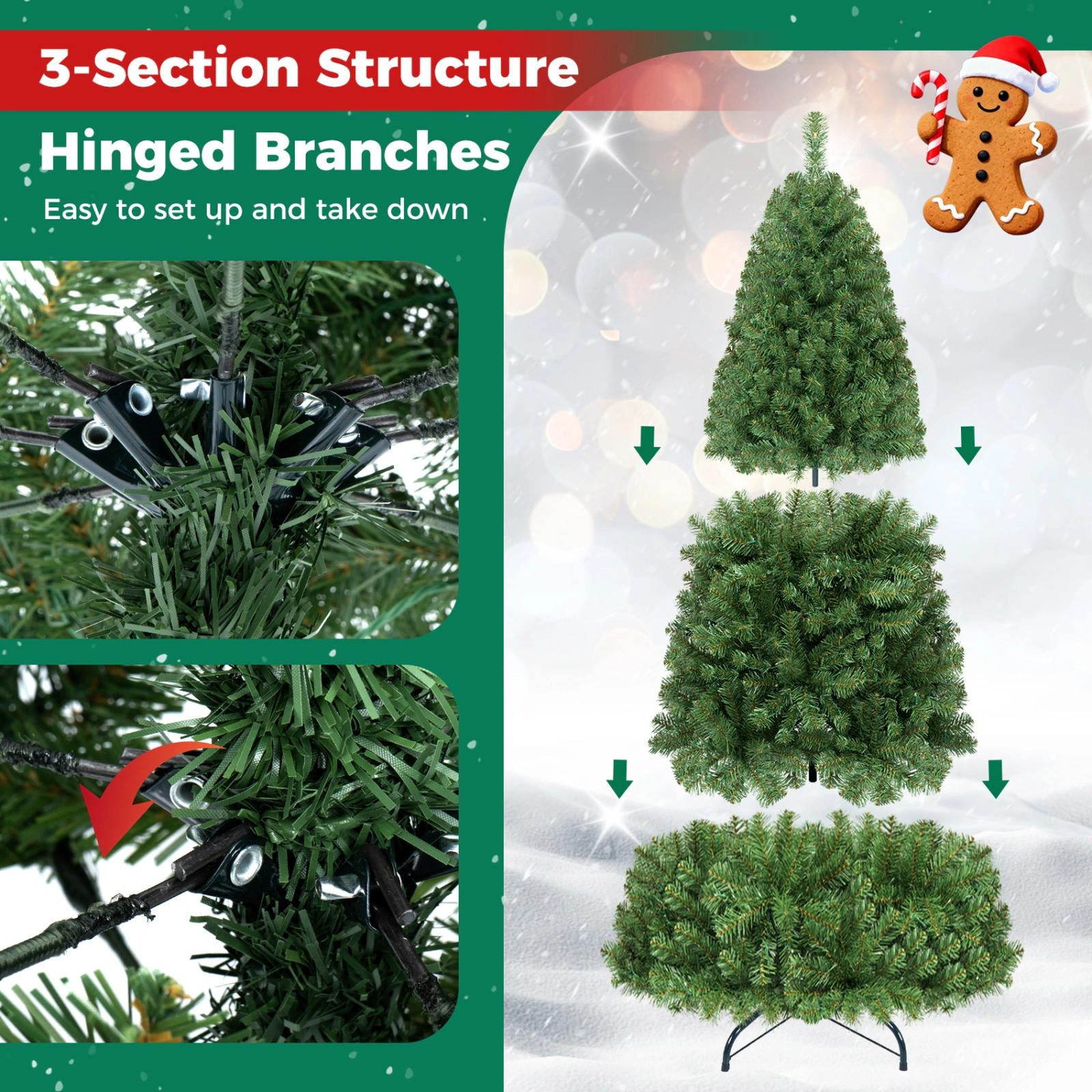 SUGIFT 8-ft Green Pre-Lit Artificial Christmas Tree with 600 LED Lights 4 Brightness Levels and 1605 Tips