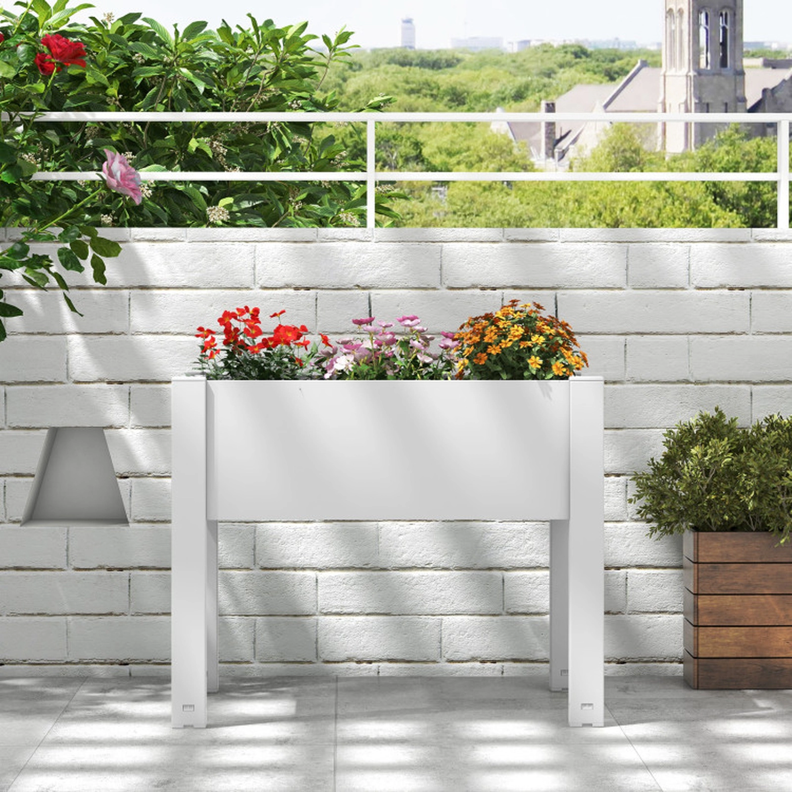 SUGIFT 53L Self-Watering Raised Bed Grow Box Planter Box Stand 66-lb Capacity 30 x 18 x 24 in Coffee/Greyish-white 1-Pc
