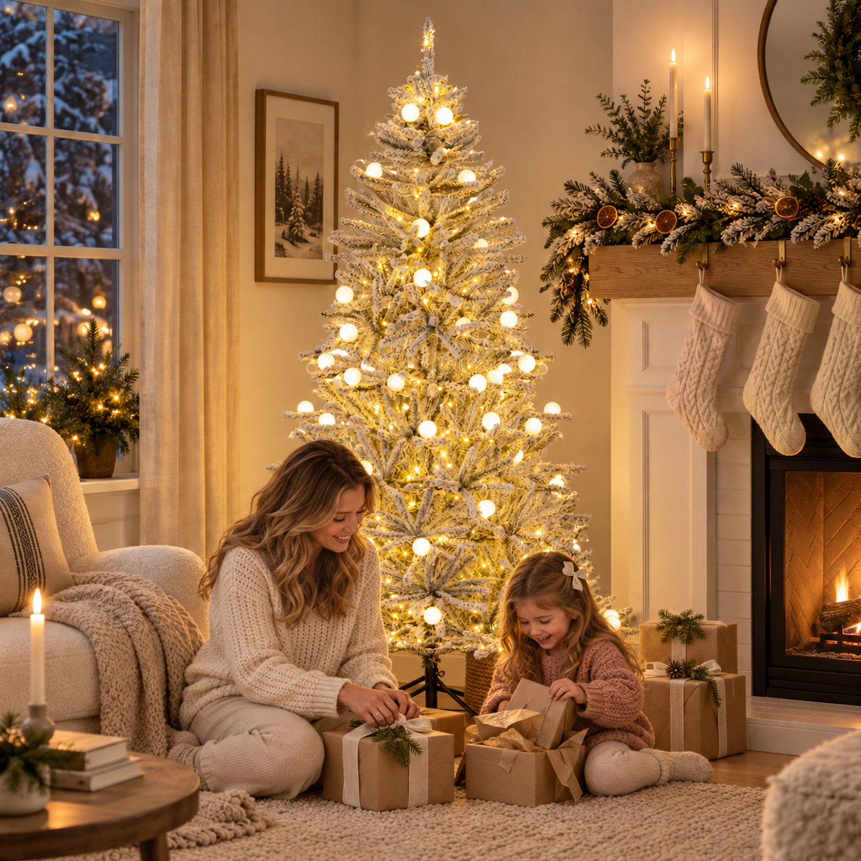 SUGIFT 6-ft Pre-Lit Snow Flocked Hinged Christmas Tree with 250 LEDs and 51 Frosted Sphere Lights and Remote White