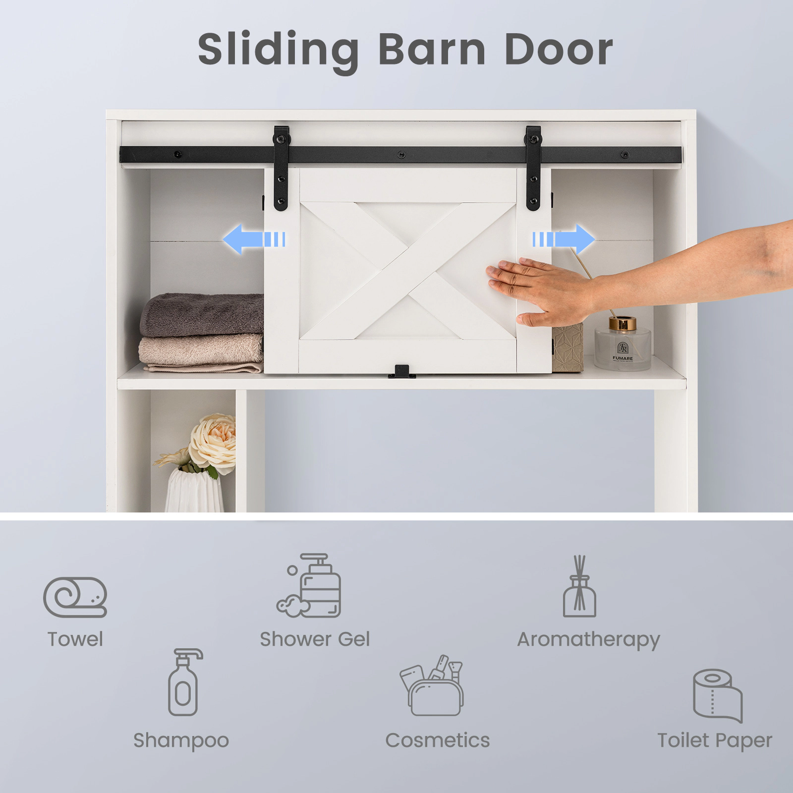SUGIFT 4-Tier Over The Toilet Storage Cabinet Sliding Barn Door & Storage Shelves 154-lb Top Capacity White/Rustic Brown