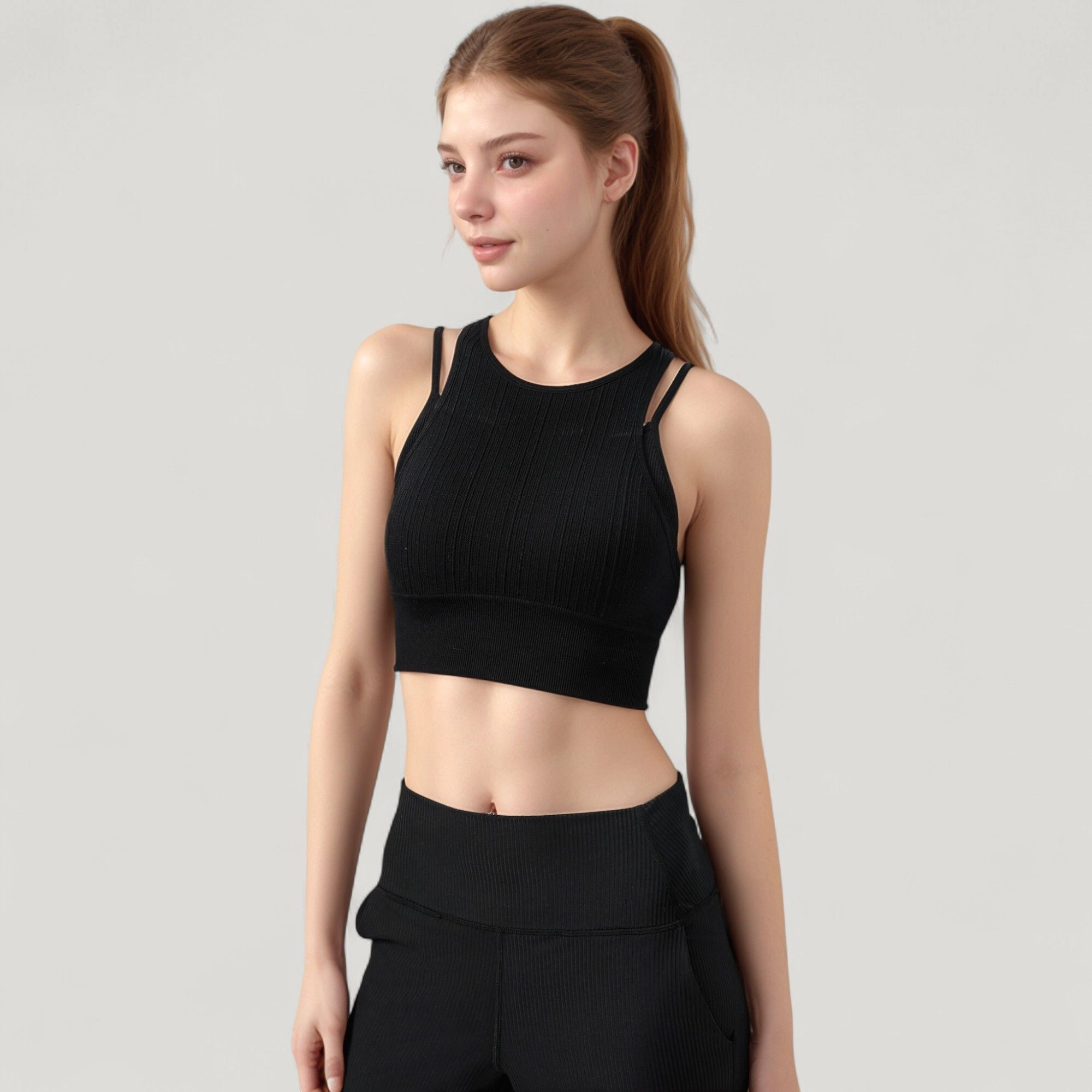 Anna-Kaci Women's Ribbed High Neck Crop Top with Double Strap Detail