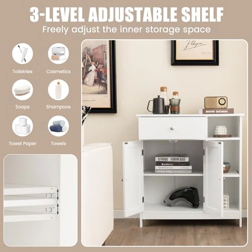 Glintex Wide Bathroom Cabinet with 250-Lb Capacity Drawer and 3 Open Bays, White