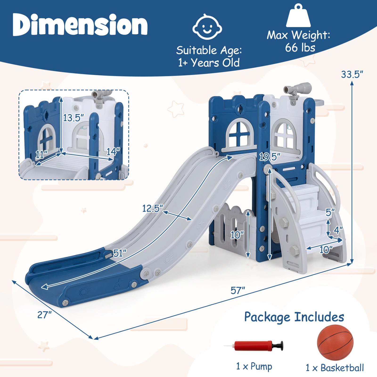 SUGIFT Blue Basketball Hoop and Ladder 6-in-1 Toddler Slide L-Shaped Playground