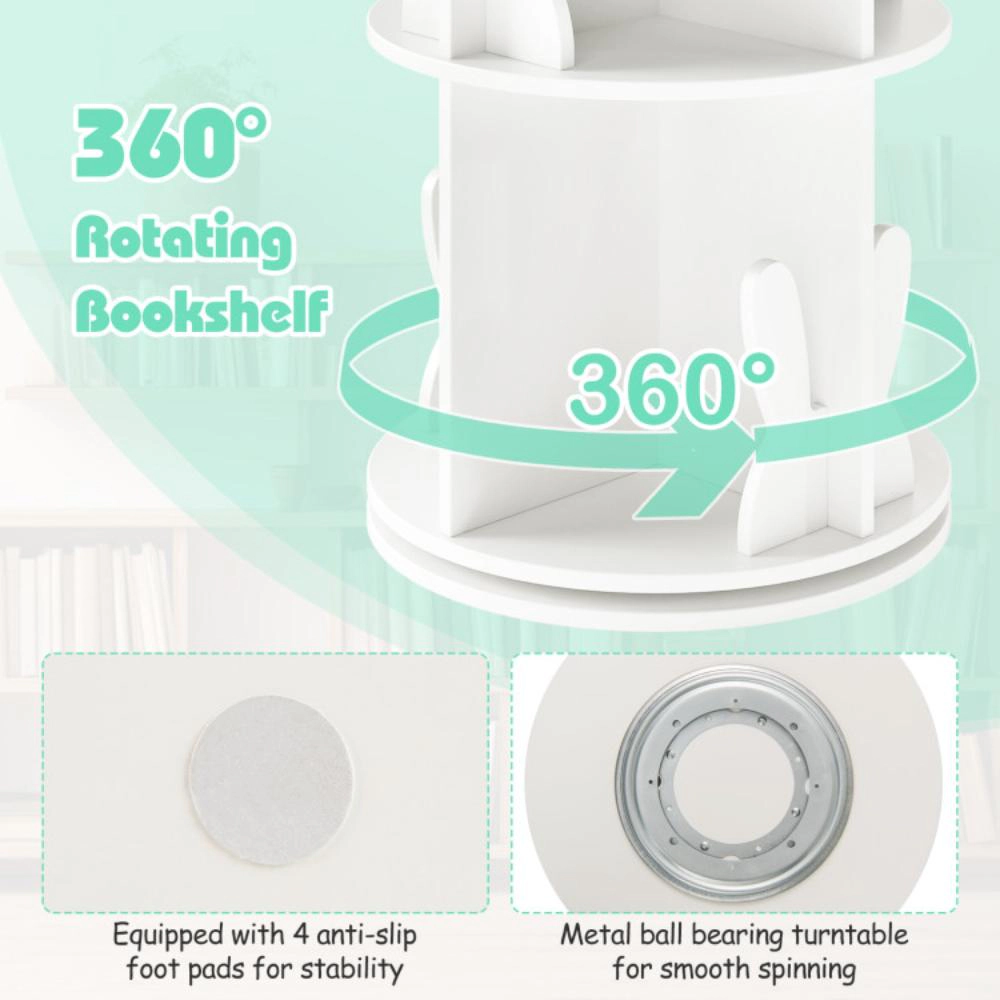 Hivvago 2 Tier Freestanding Kids Rotating Bookshelf Storage Rack with Bunny Baffles