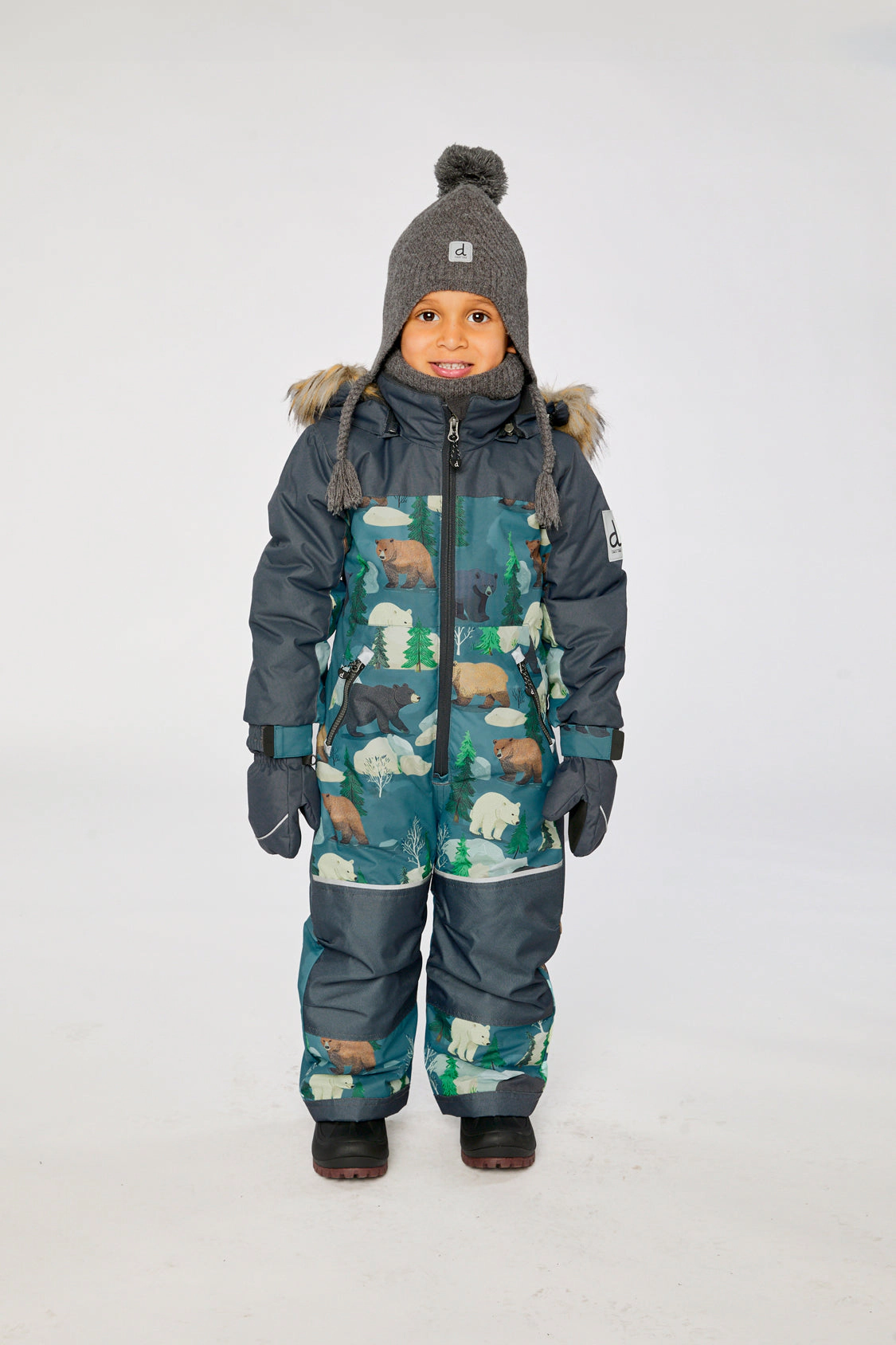 Deux par Boys Bear Print One Piece Discover Snowsuit with Detachable Hood