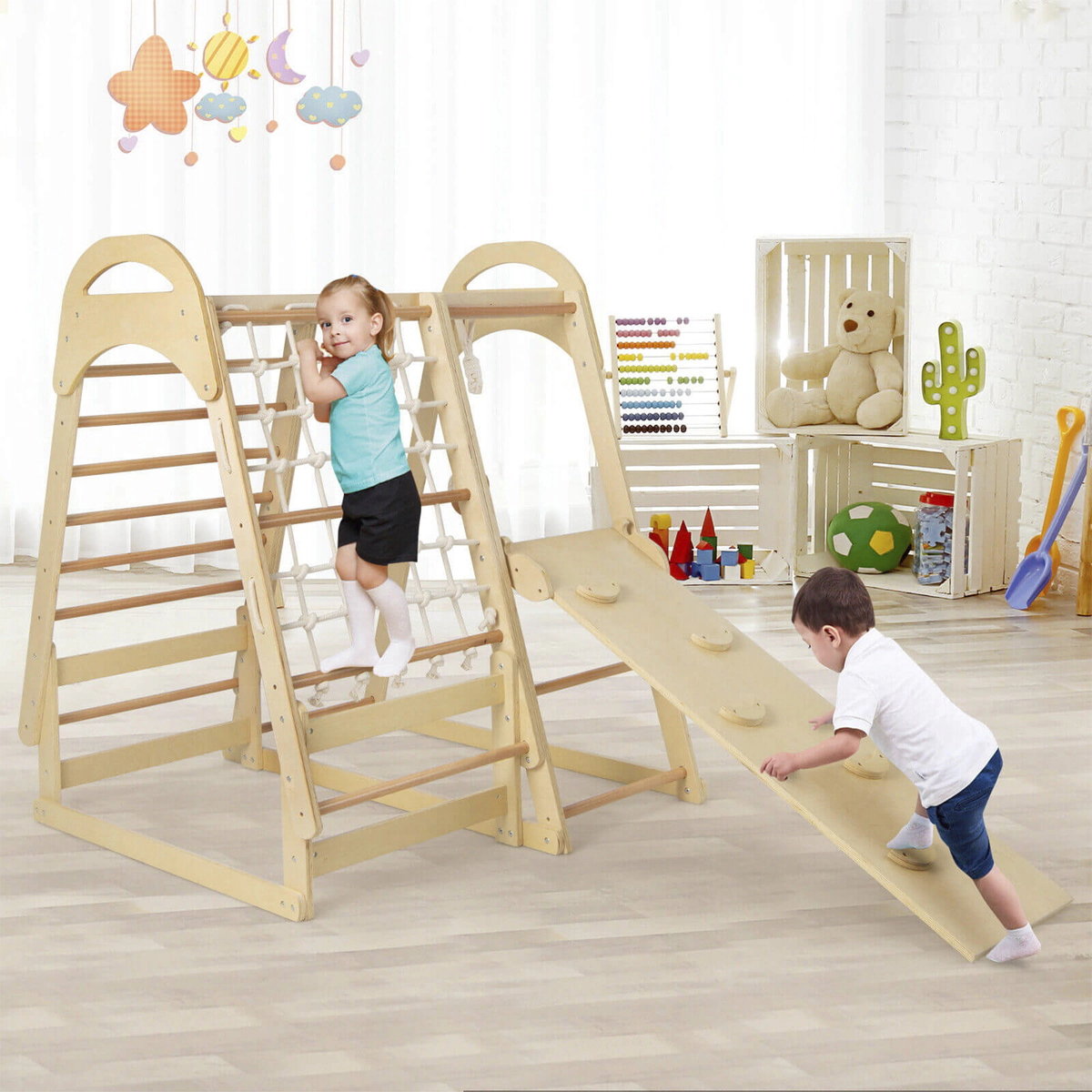 SUGIFT Natural Slide Climbing Net and Monkey Bars 6-in-1 Wooden Kids Jungle Gym Playset