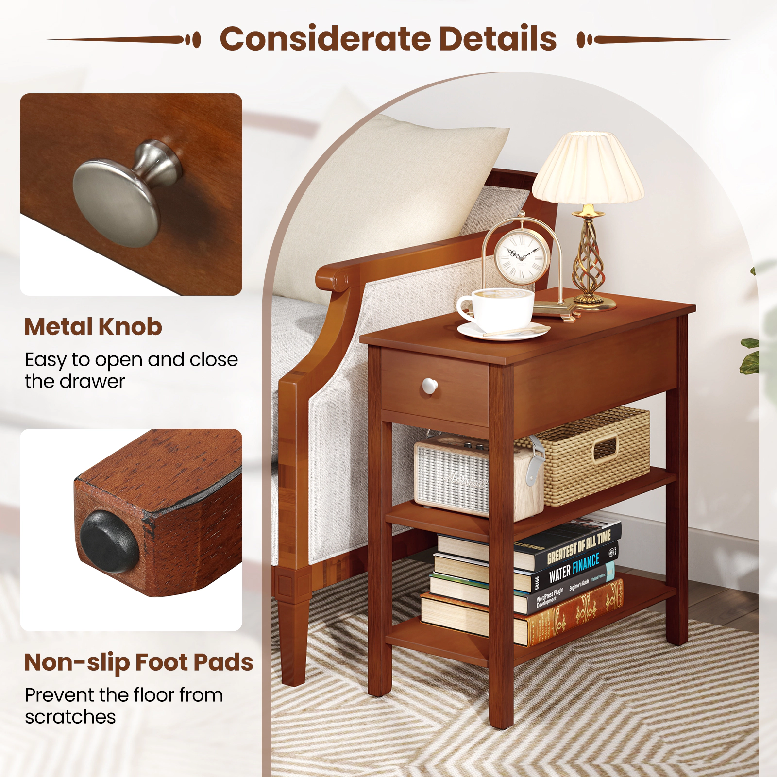 SUGIFT 3-Tier Narrow End Tables with Drawer and Storage Shelves Set of 2 210-lb Total Capacity Brown/Walnut