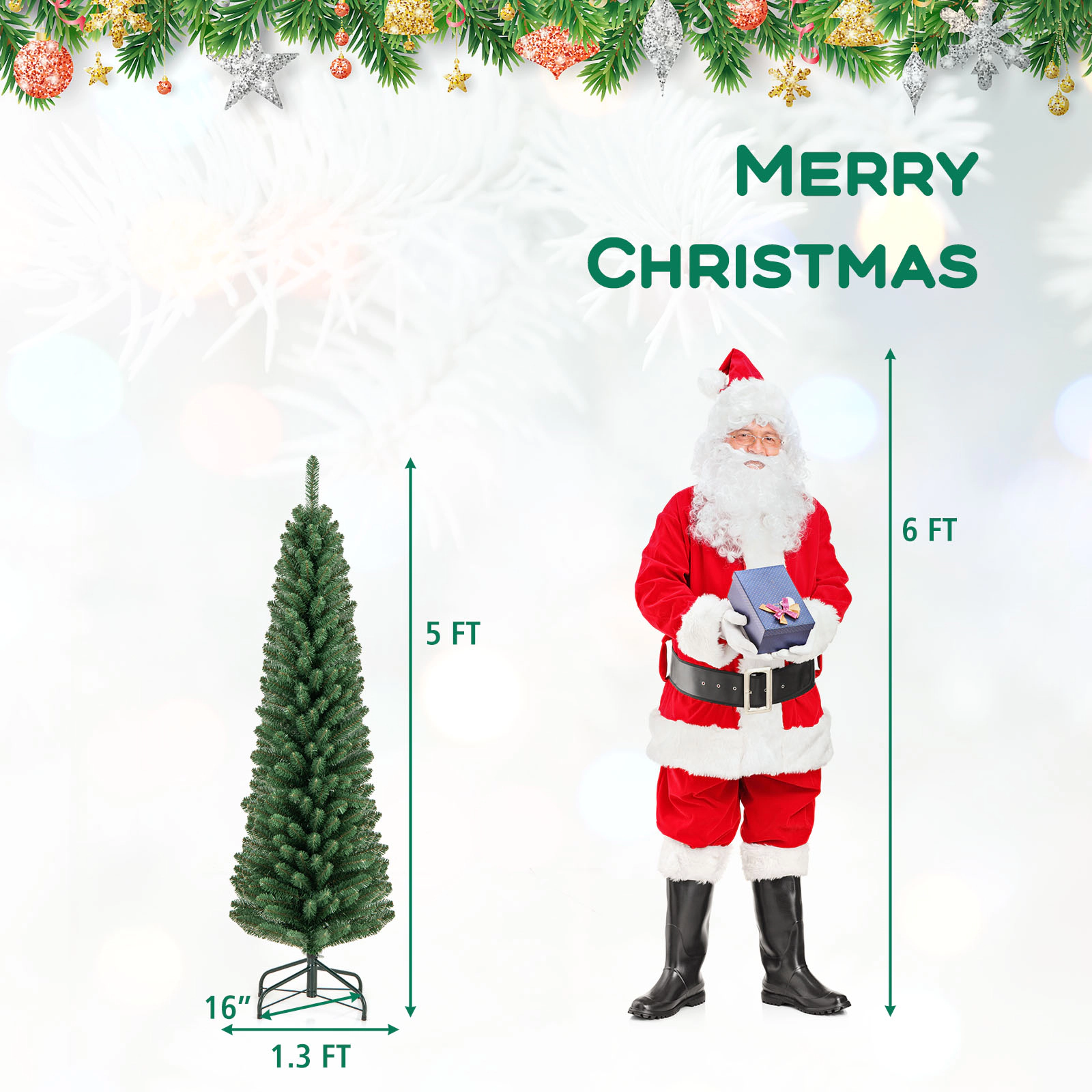 LJG 5/6/7/8 Feet Pencil Christmas Tree with 295/392/523/671 Memory Wire Branch Tips and Upgraded Metal Stand