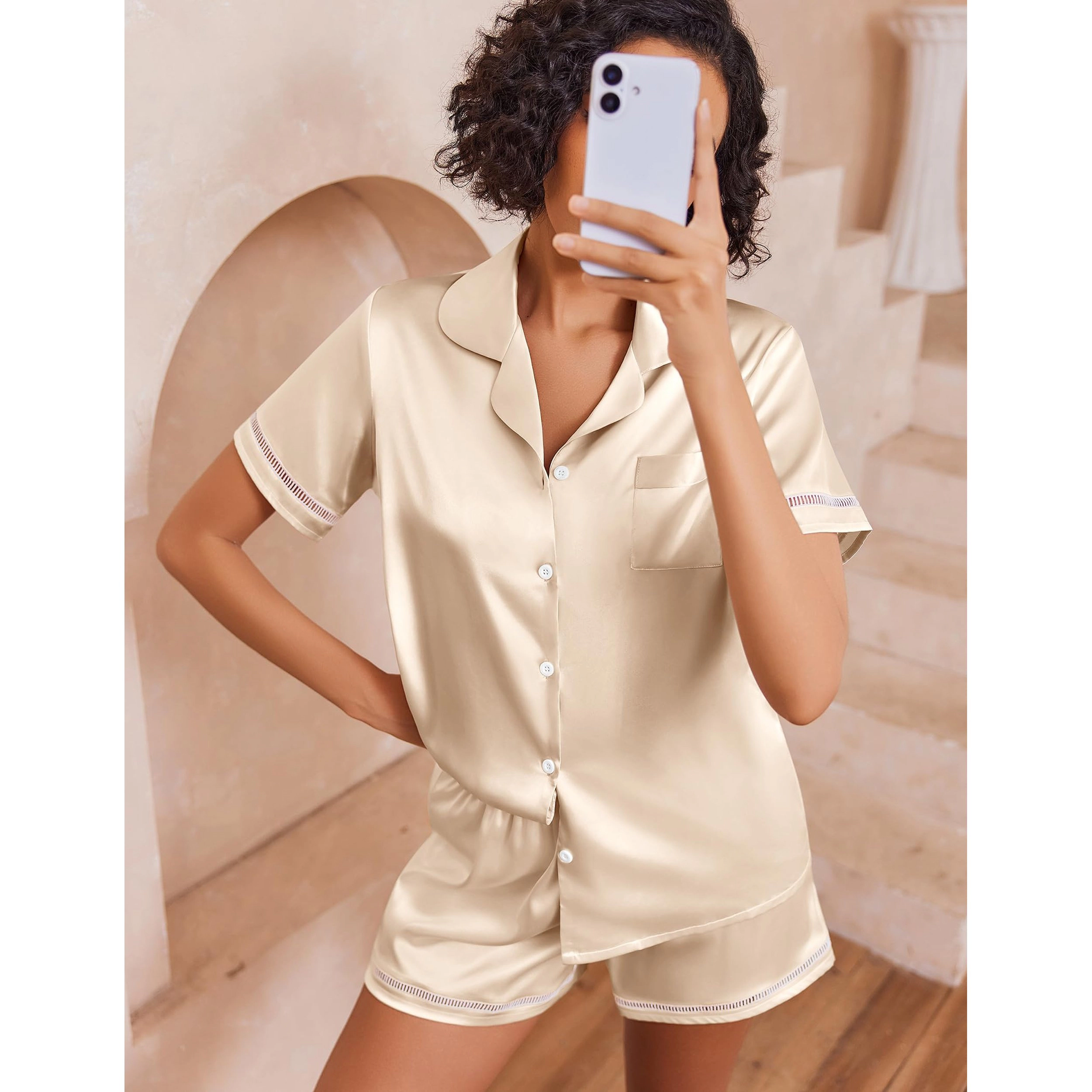 Ekouaer Womens Silk Pajama Sets Button Up Pjs Short Sleeve 2 Pc Pj