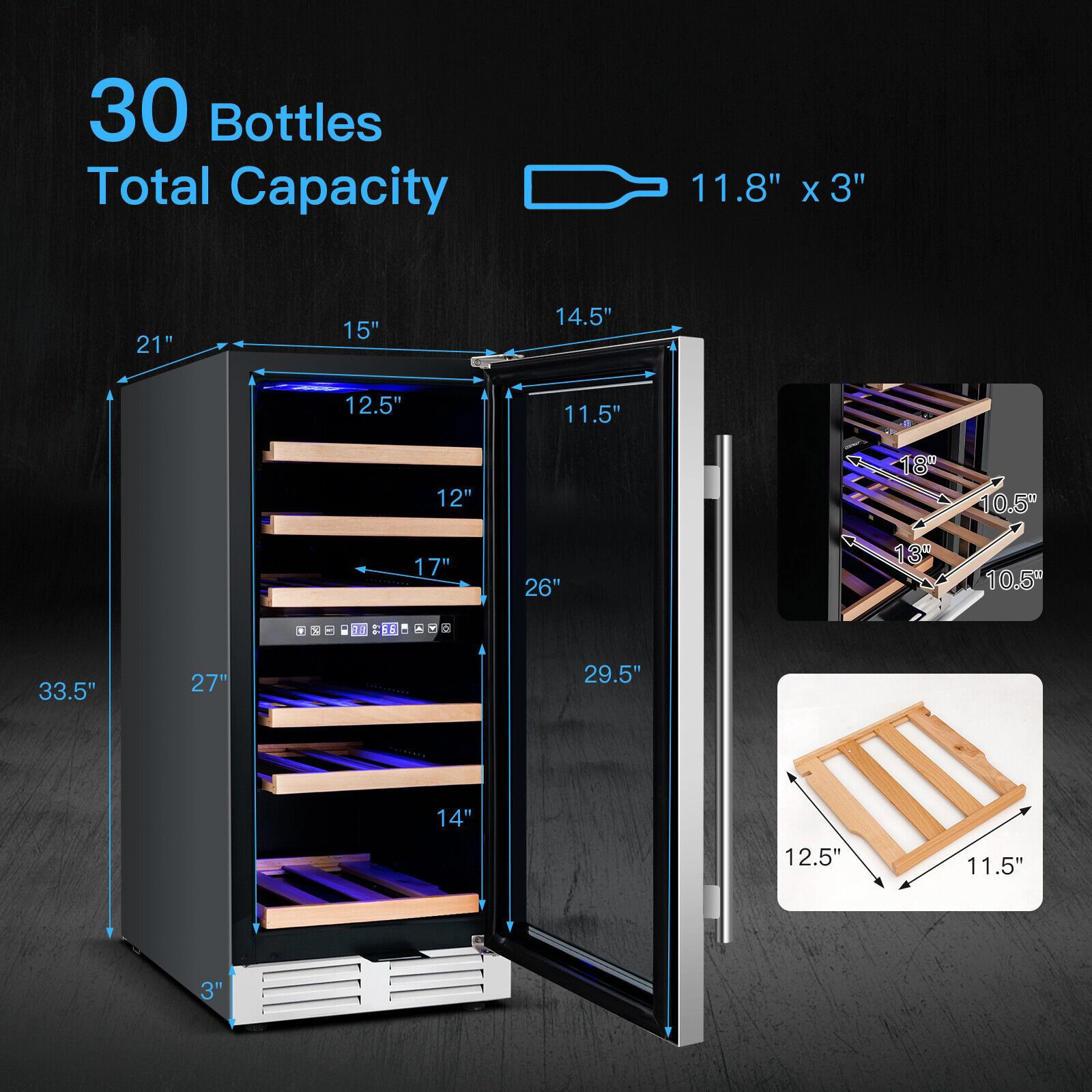 SlickBlue 30 Bottle Dual Zone Wine Cooler Refrigerator, 3.53 Cu Ft