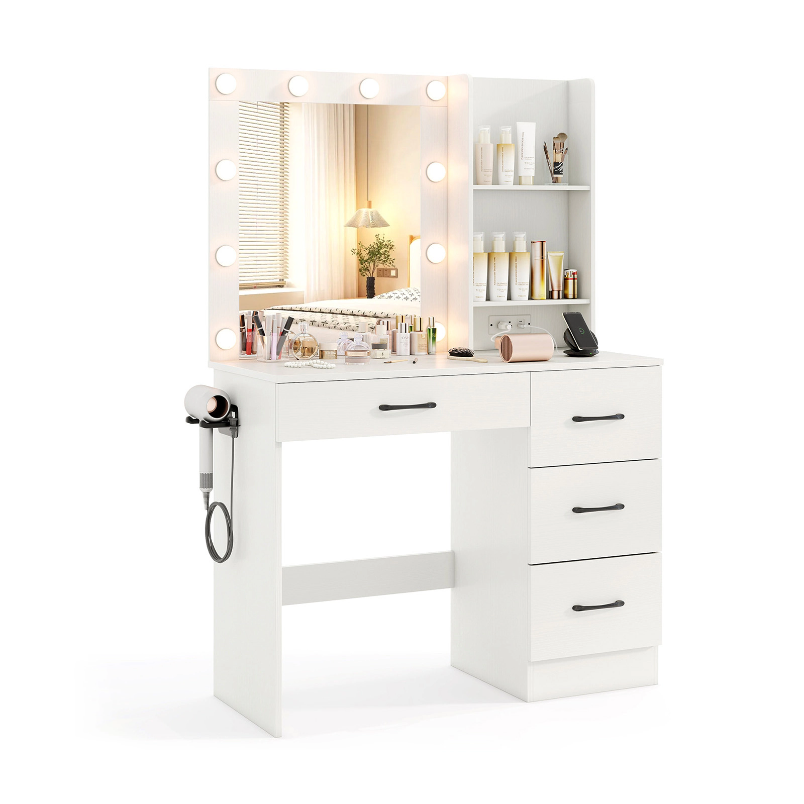 SUGIFT Vanity Desk White with 3-Color Lighted Mirror Power Outlets and 2 Drawers