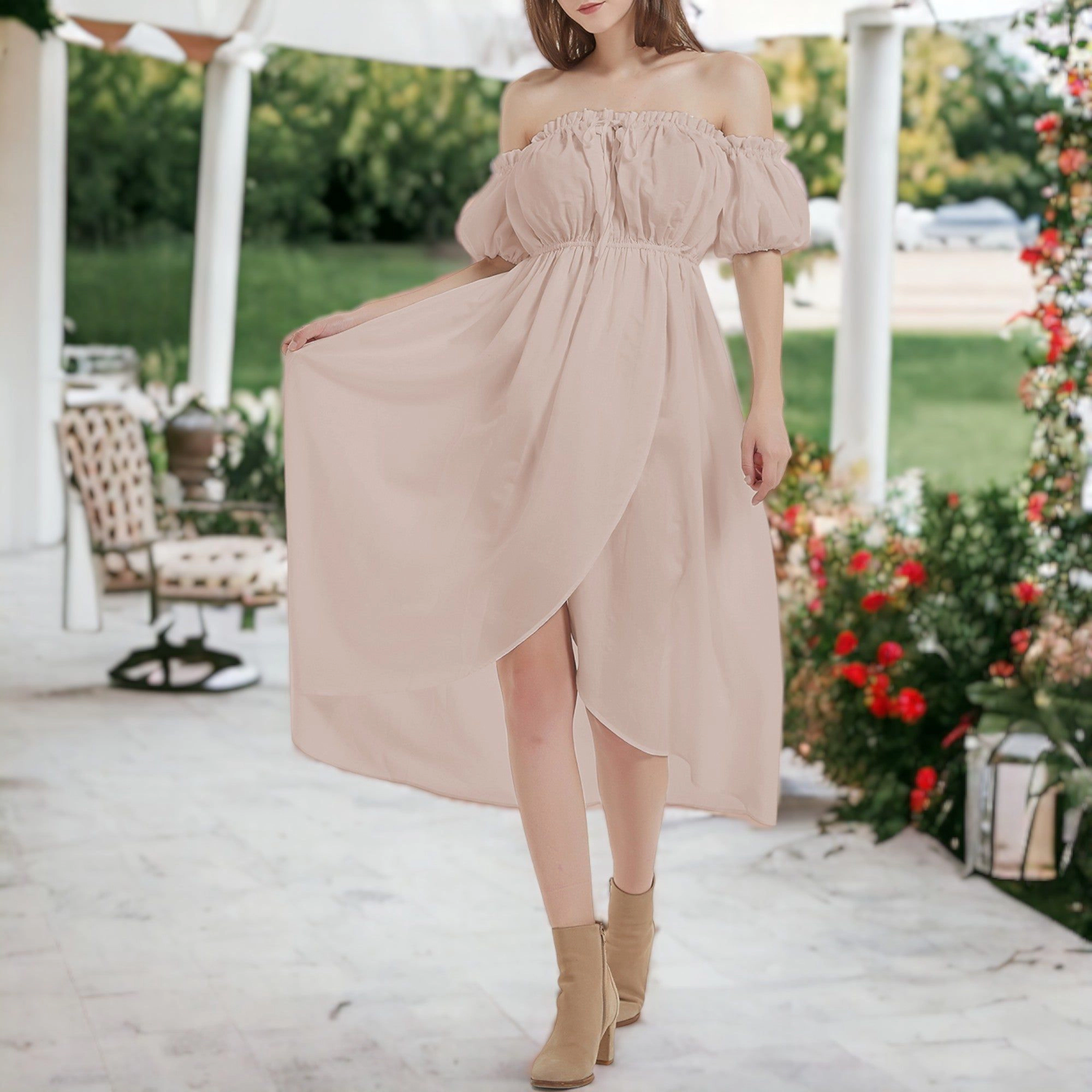 Anna-Kaci Women's  Casual Boho Lantern Sleeve Off Shoulder Midi Dress for Looks