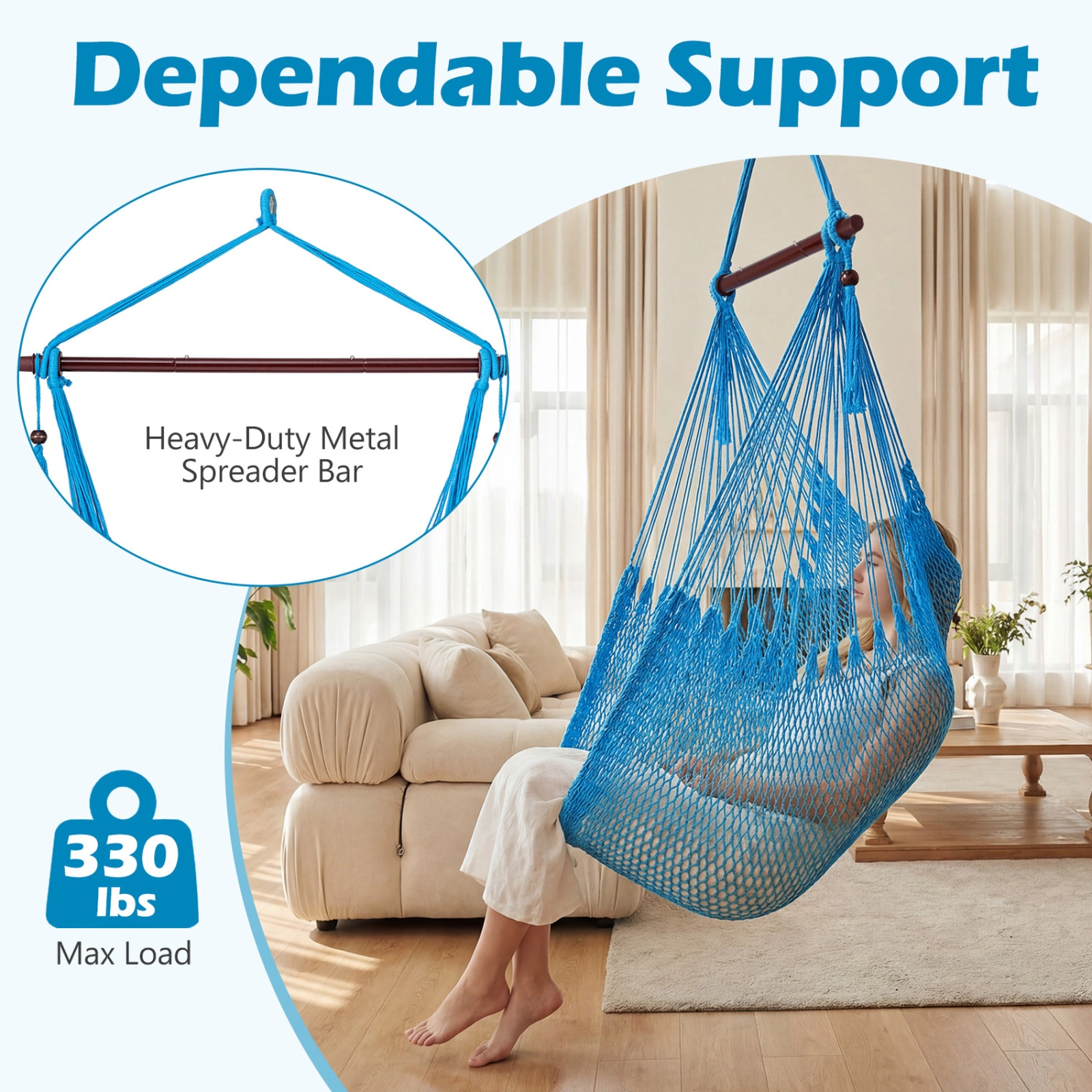 SUGIFT Blue Woven Rope Hanging Hammock Swing Chair, 330 lb Capacity