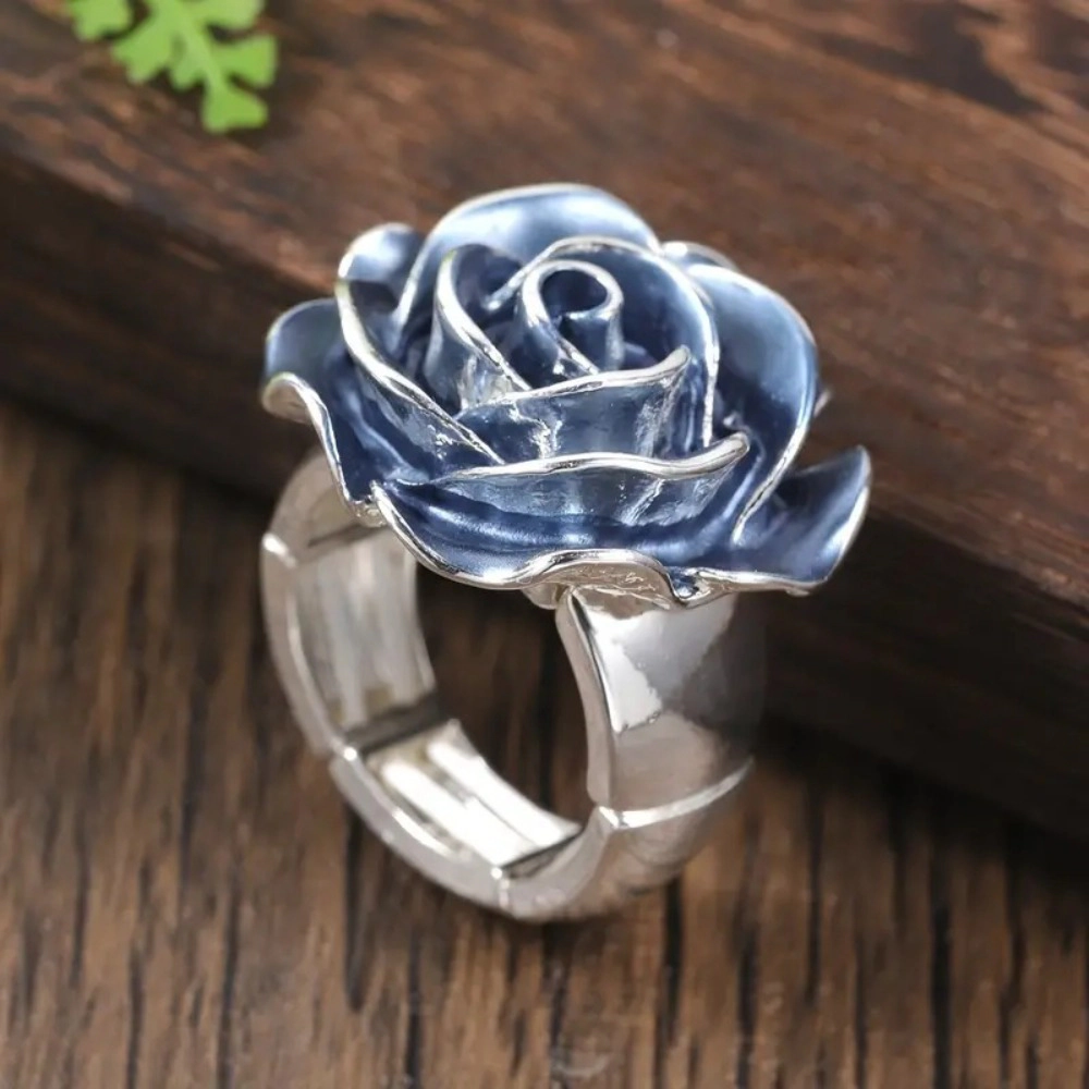 Exquisite Enamel Blue Rose Flower Rings for Women