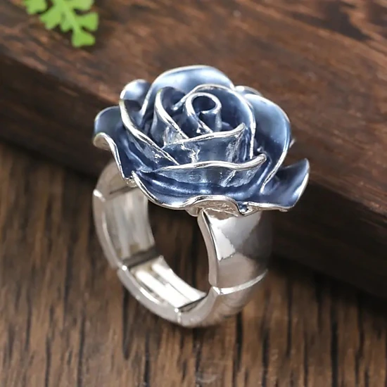 Exquisite Enamel Blue Rose Flower Rings for Women