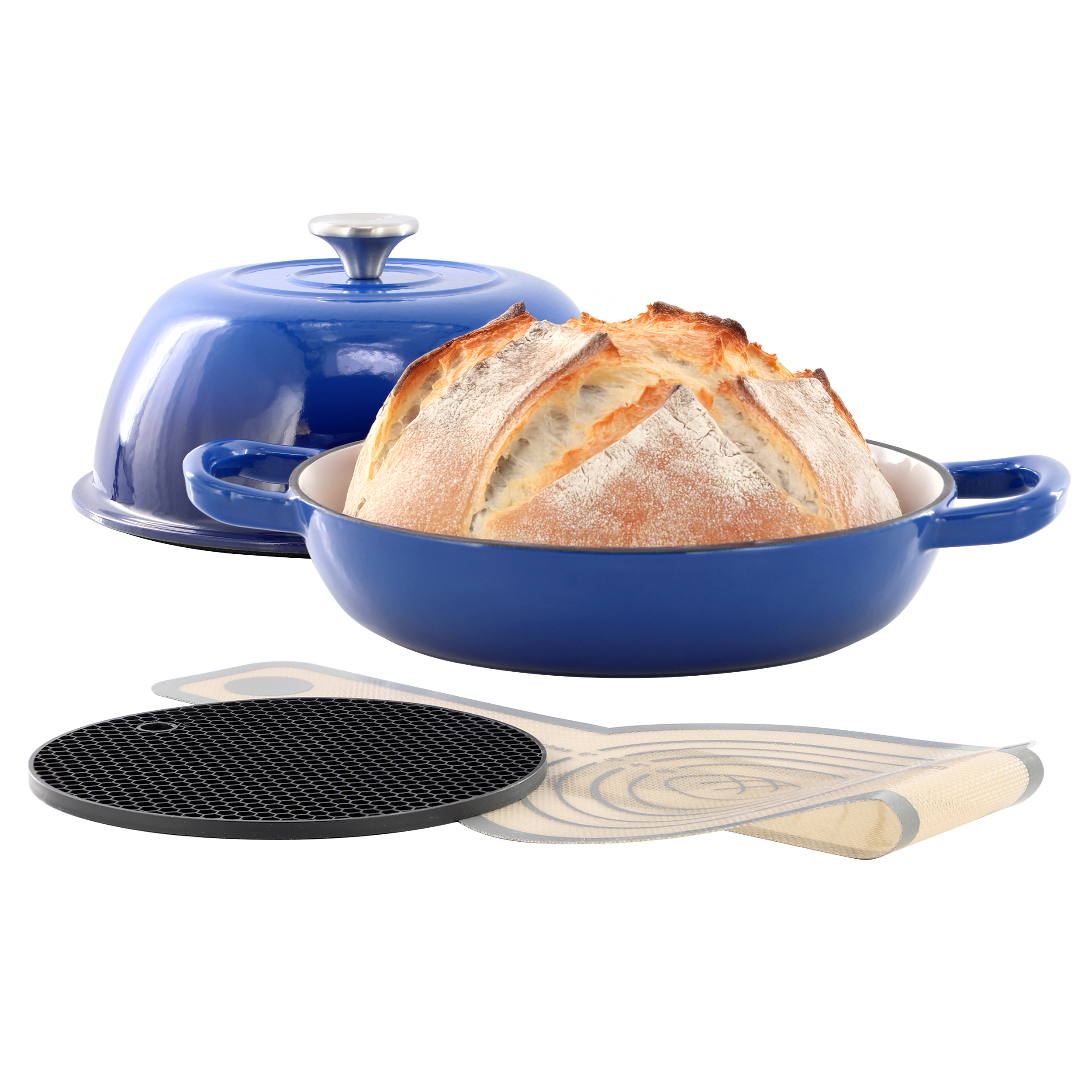 MegaChef 6 Quart Enameled Cast Iron Bread Pot Cream with Baking Mat