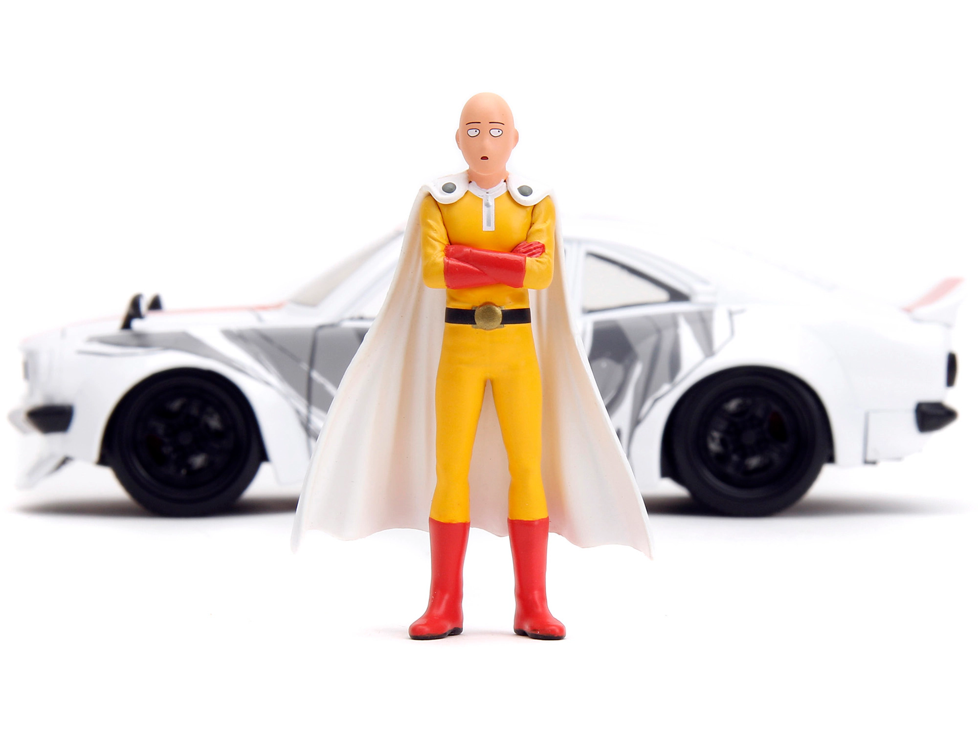 Jada 1974 Mazda RX-3 White with Red Stripe and Graphics and Saitama Diecast Figure "One Punch Man" (2015-2019)
