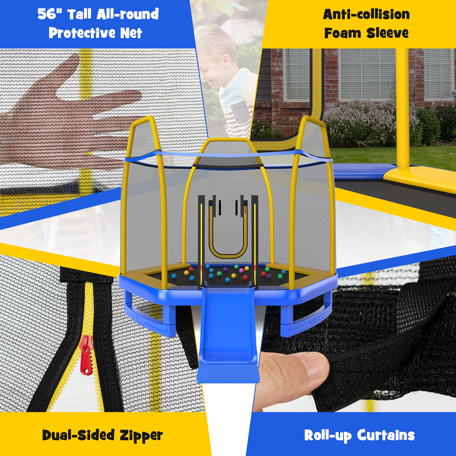 SUGIFT Blue and Yellow 7.3-ft Kids Trampoline with Enclosure Net Ladder and Slide 600-lb Frame Load