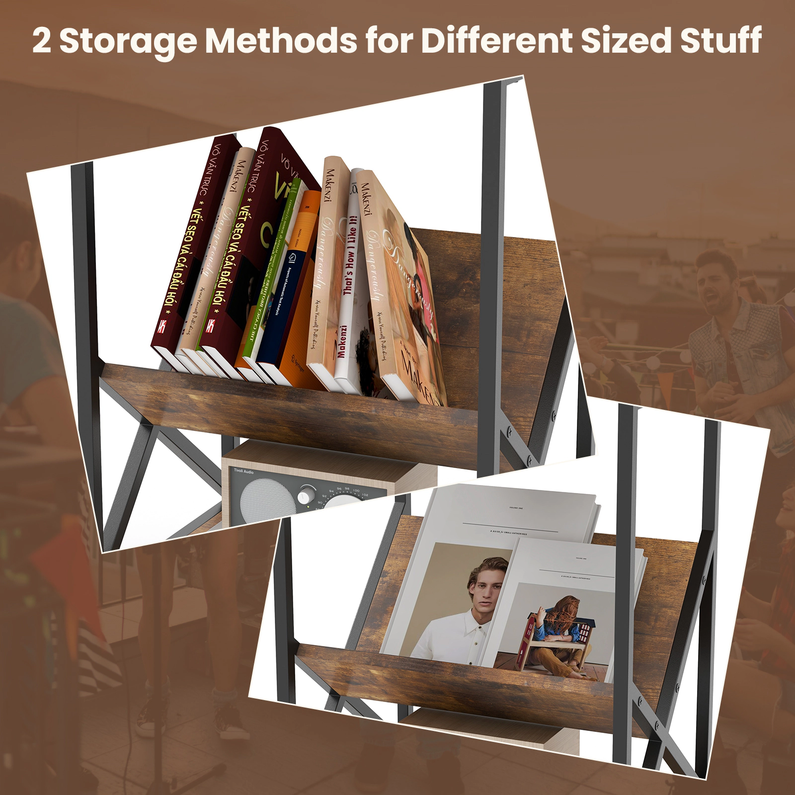Glintex 3-Tier Industrial Side Table with V-Shaped Magazine Rack and Steel Frame, Rustic Brown