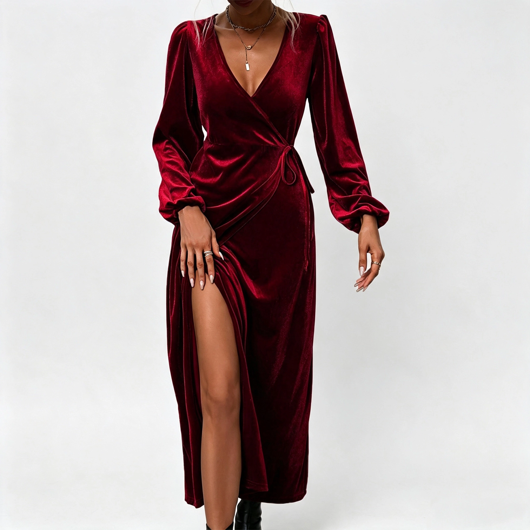 YesFashion Womens Velvet Maxi Dress Fall Winter Long Sleeve V Neck Ruched Waist Wrap