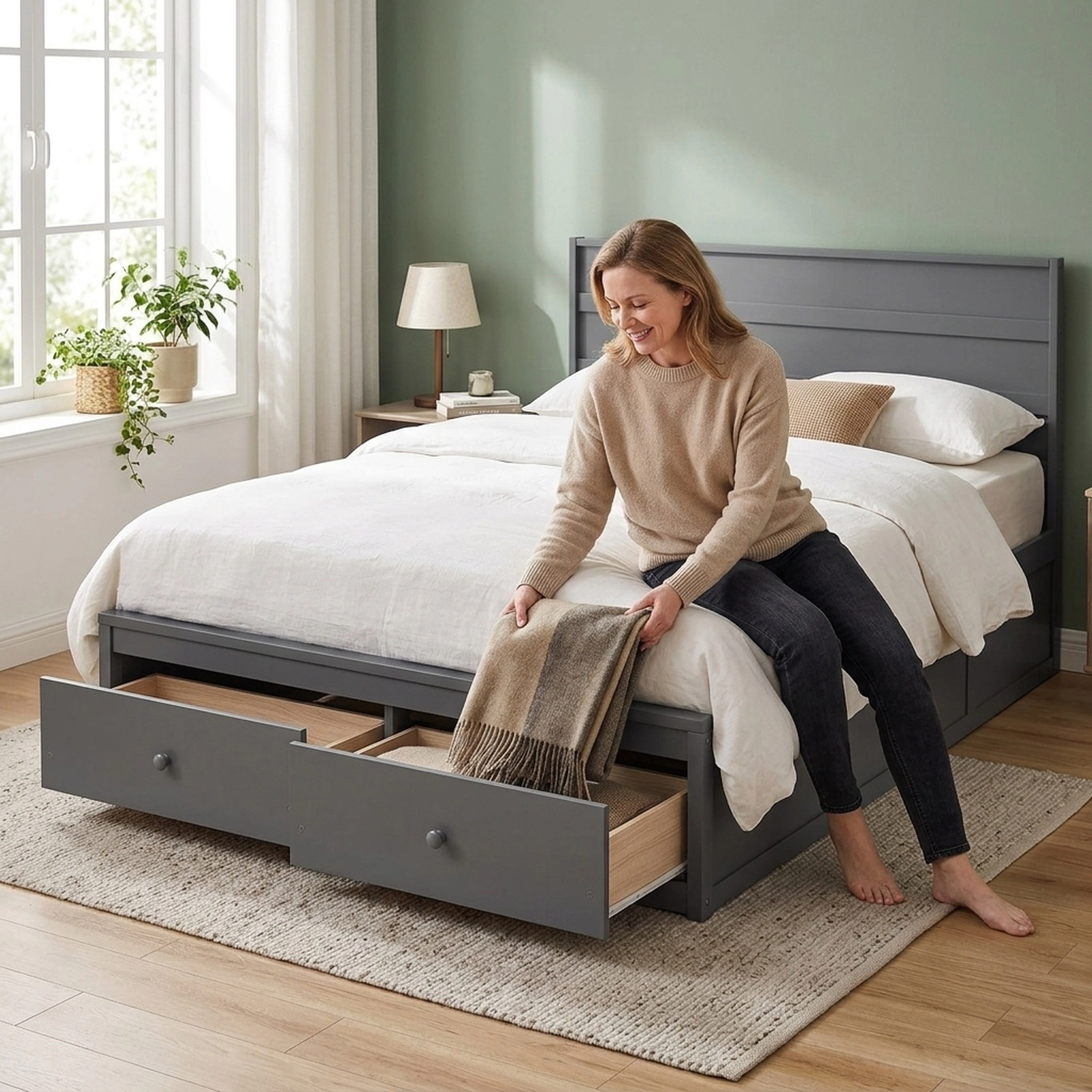 SUGIFT Full-Size Wooden Platform Bed with Headboard and 2 Storage Drawers, Gray