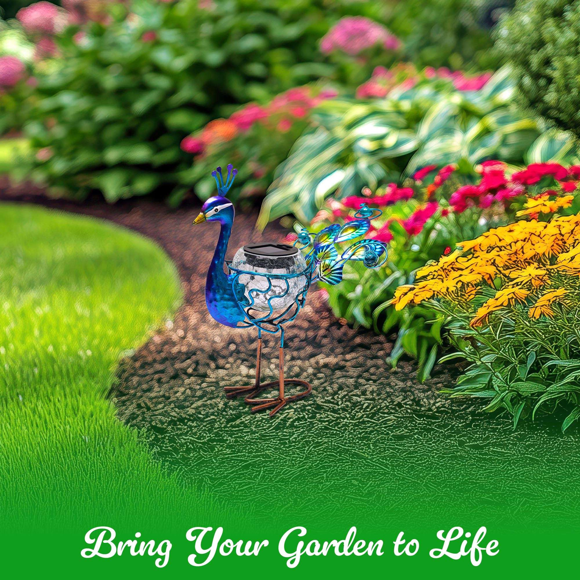 G128 Solar Metal Peacock Garden Statue 12 Inch - Waterproof Hand-Painted Peacock Yard Art with Crackle Glass Solar Light
