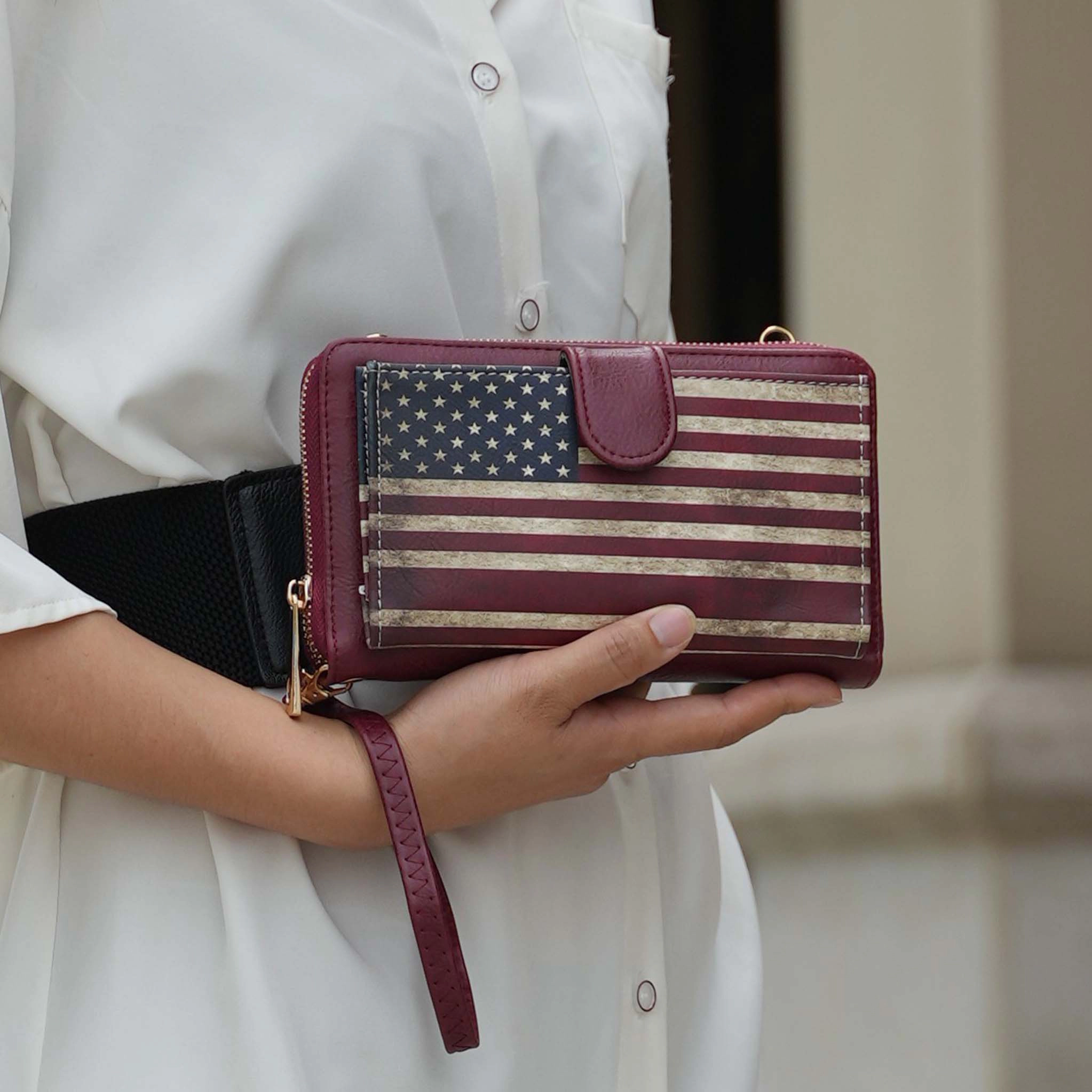 Mia K Collection Kiara Smartphone Wallet Crossbody Bag - Vegan Leather Patriotic Print