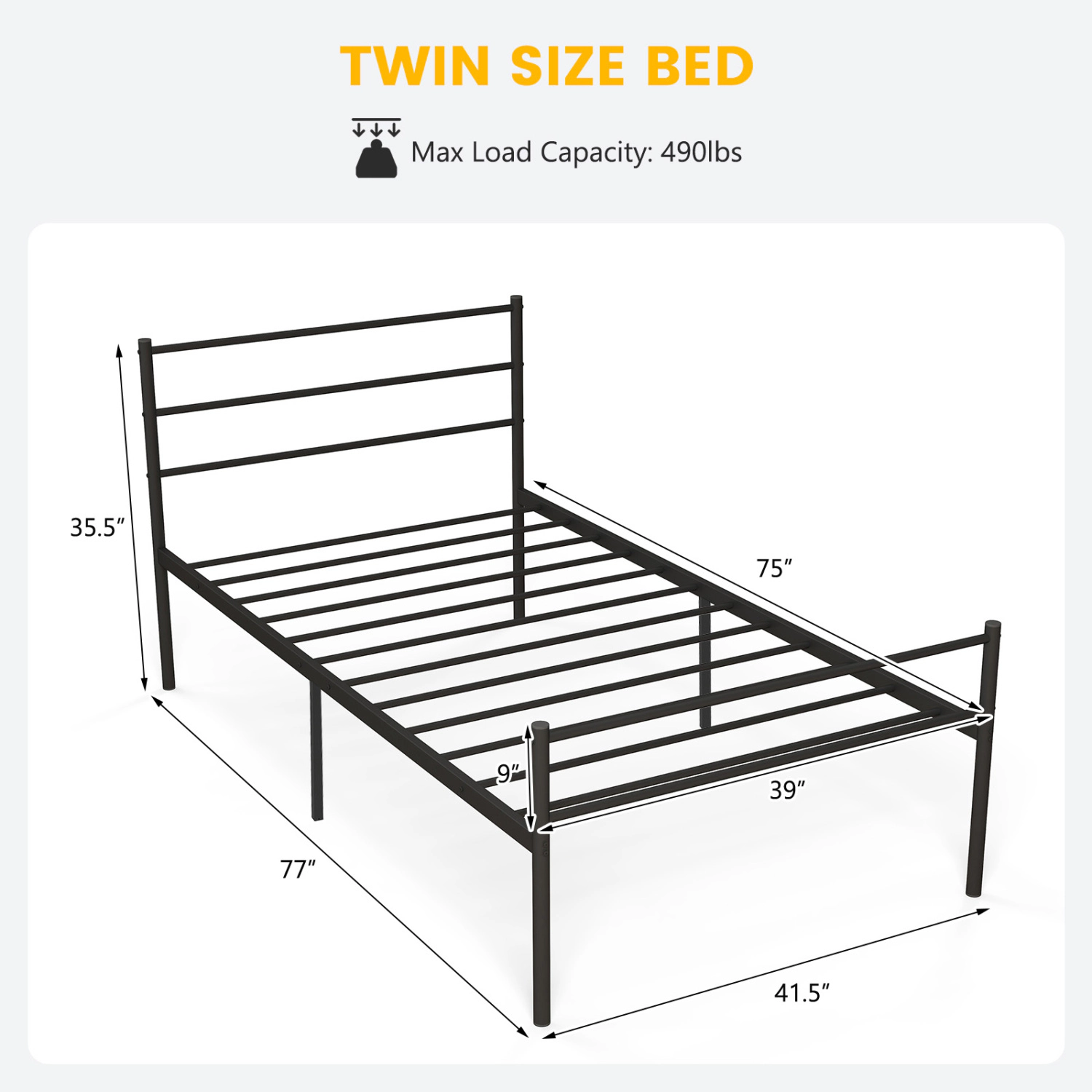 LJG Twin Size Metal Bed Frame Platform with Headboard-Black